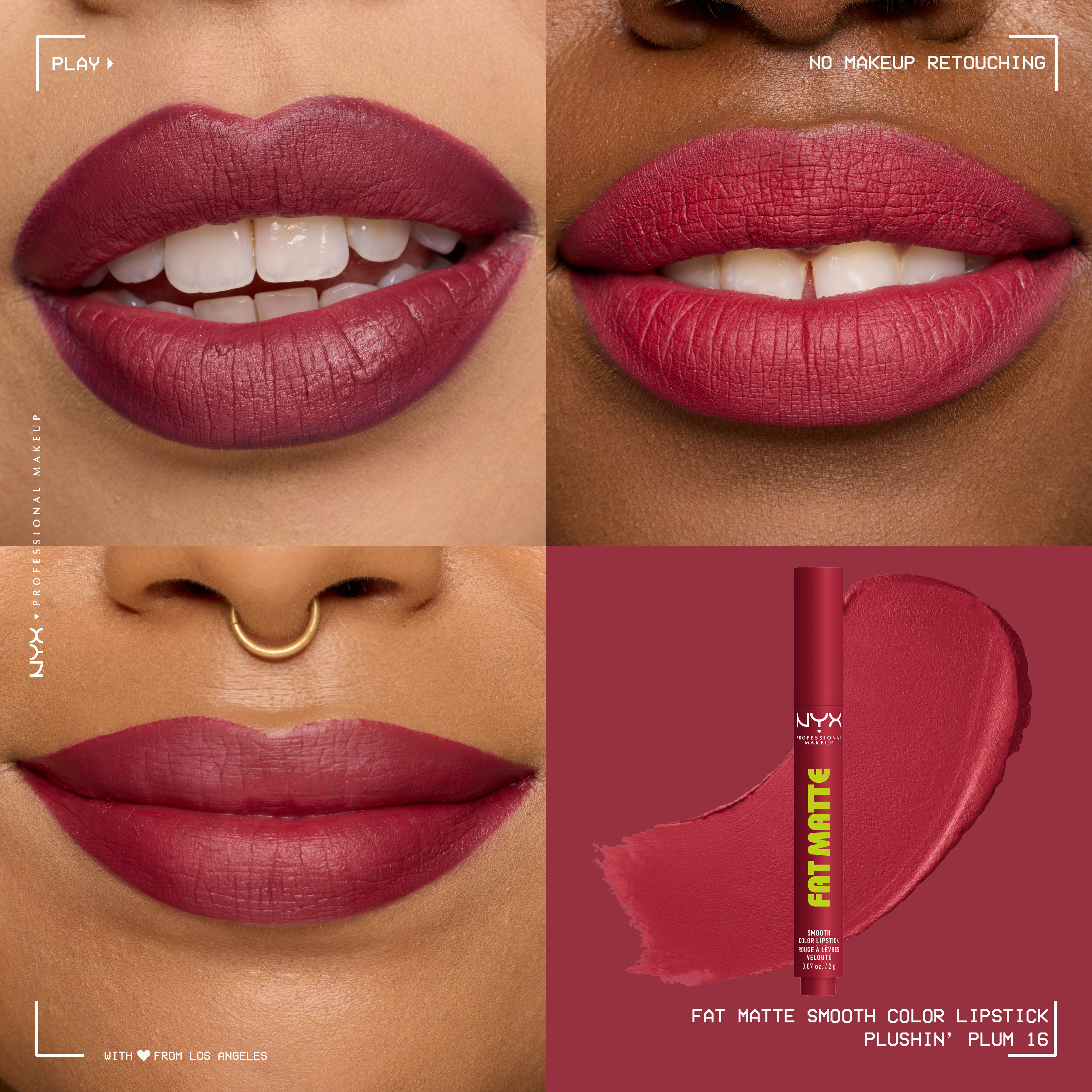 Four-panel grid showing NYX Professional Makeup Fat Matte Smooth Color Lipstick in shade Plushin' Plum on three diverse skin tones with a smooth, non-cakey matte finish, alongside the click-pen packshot and shade swatch.