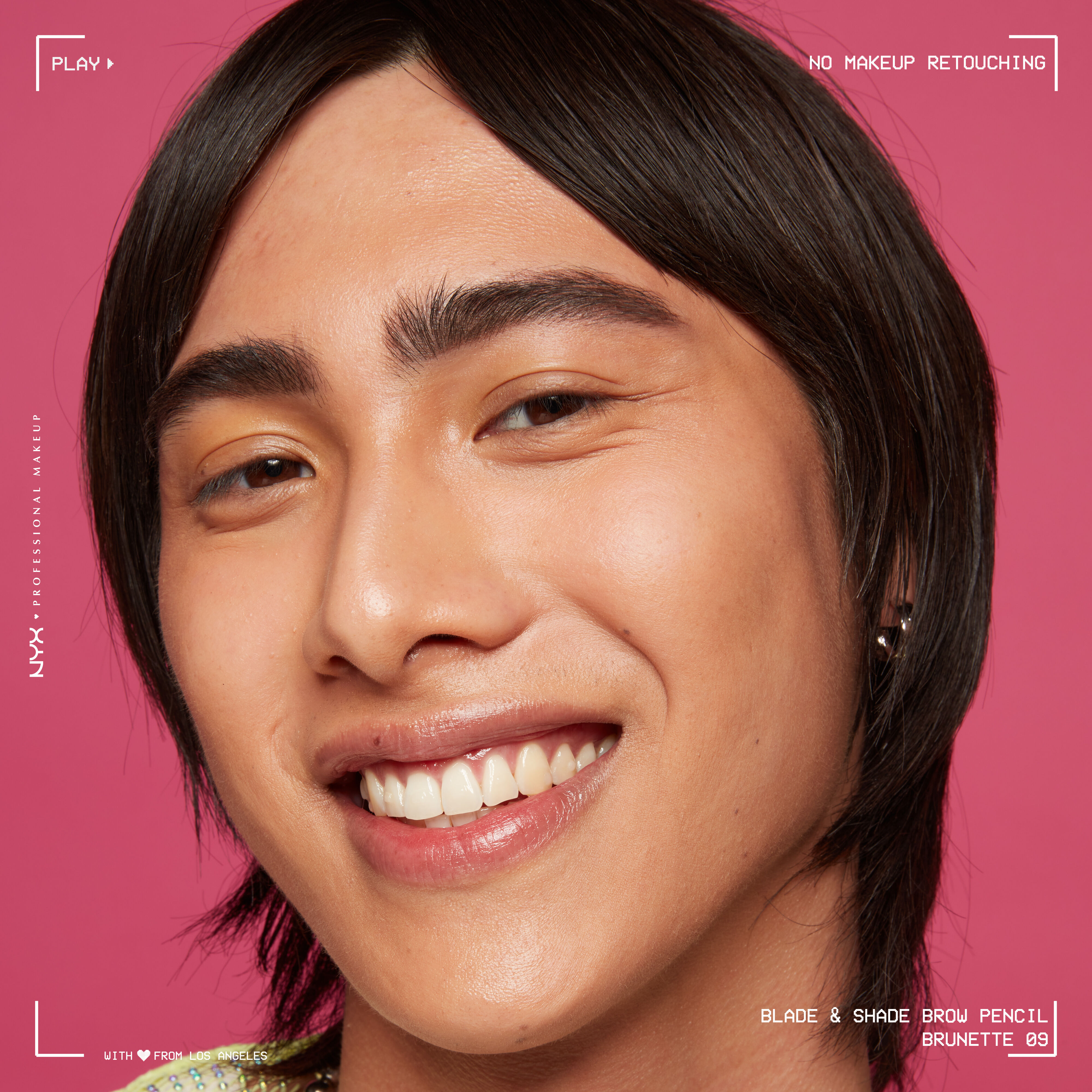 woman wearing Blade & Shade Nano Brow Pencil on pink background