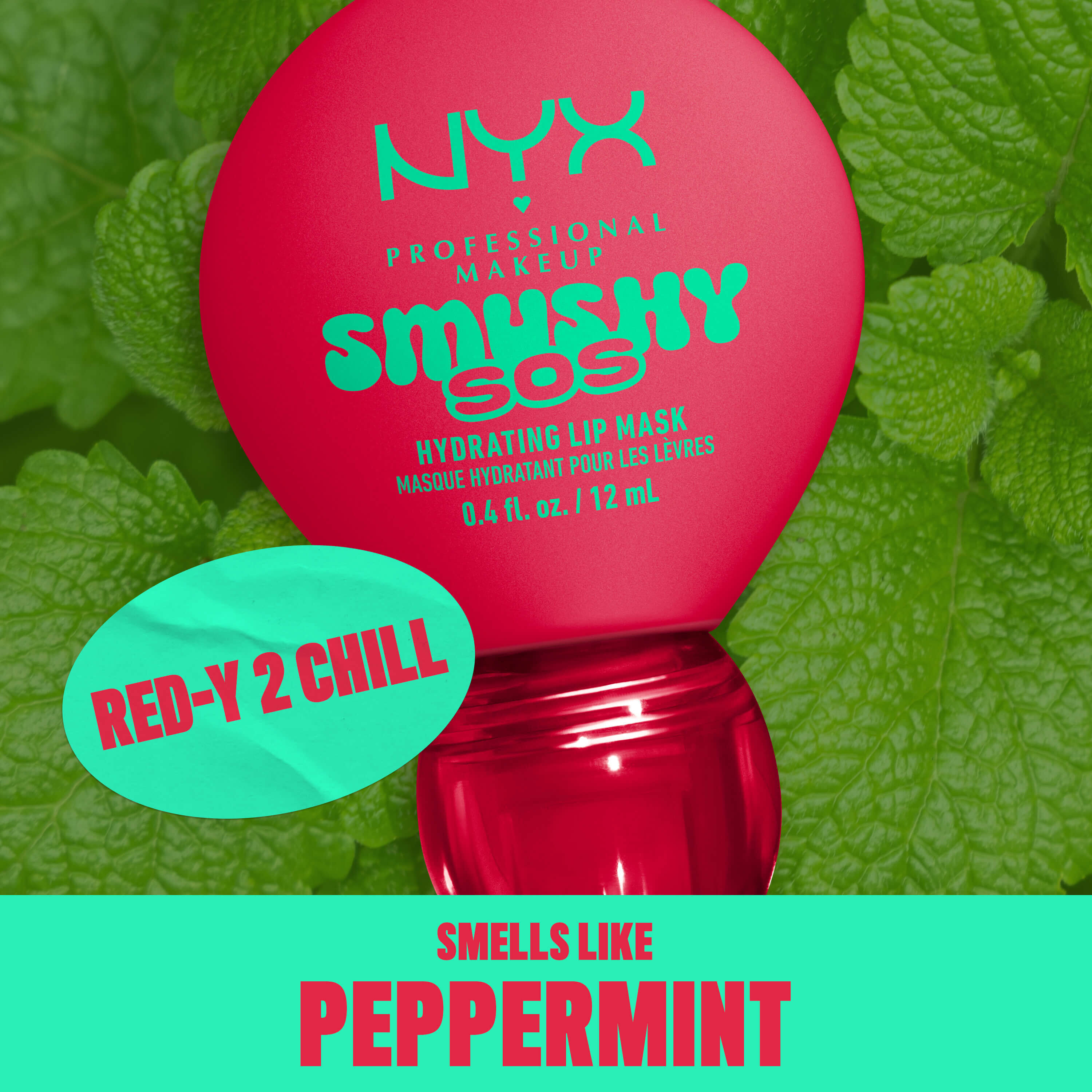 NYX Professional Makeup Smushy SOS lip mask in Red-Y 2 Chill with fresh mint leaves, scented like peppermint
