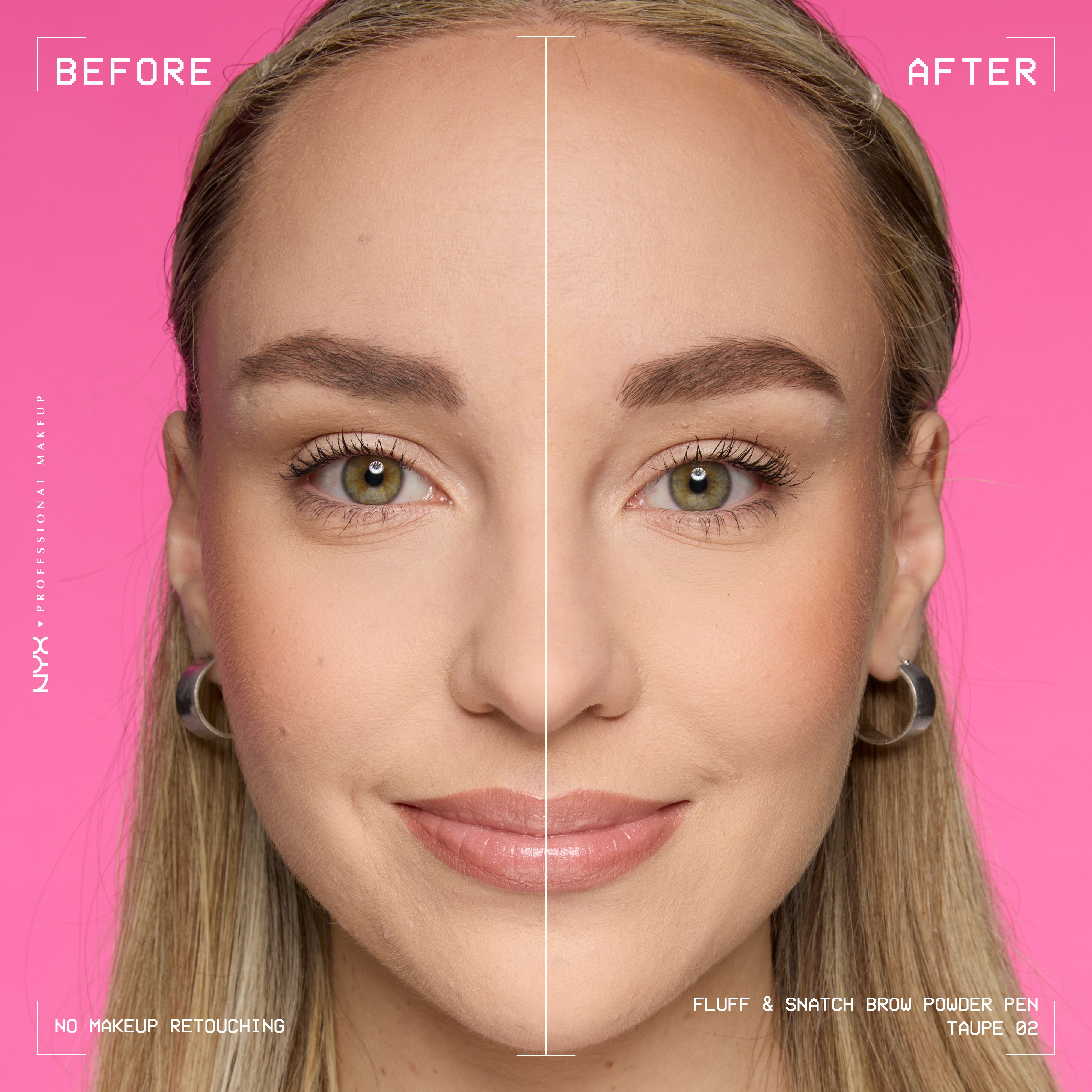 Model shown before and after using NYX Fluff and Snatch Brow Powder Pen against a pink background in shade 02 Taupe
