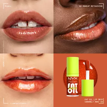 NYX Professional Makeup Fat Oil Lip Drip in Caramelt Mami shown on 3 models, highlighting glossy bronze shimmer finish across different skin tones with product and applicator displayed.