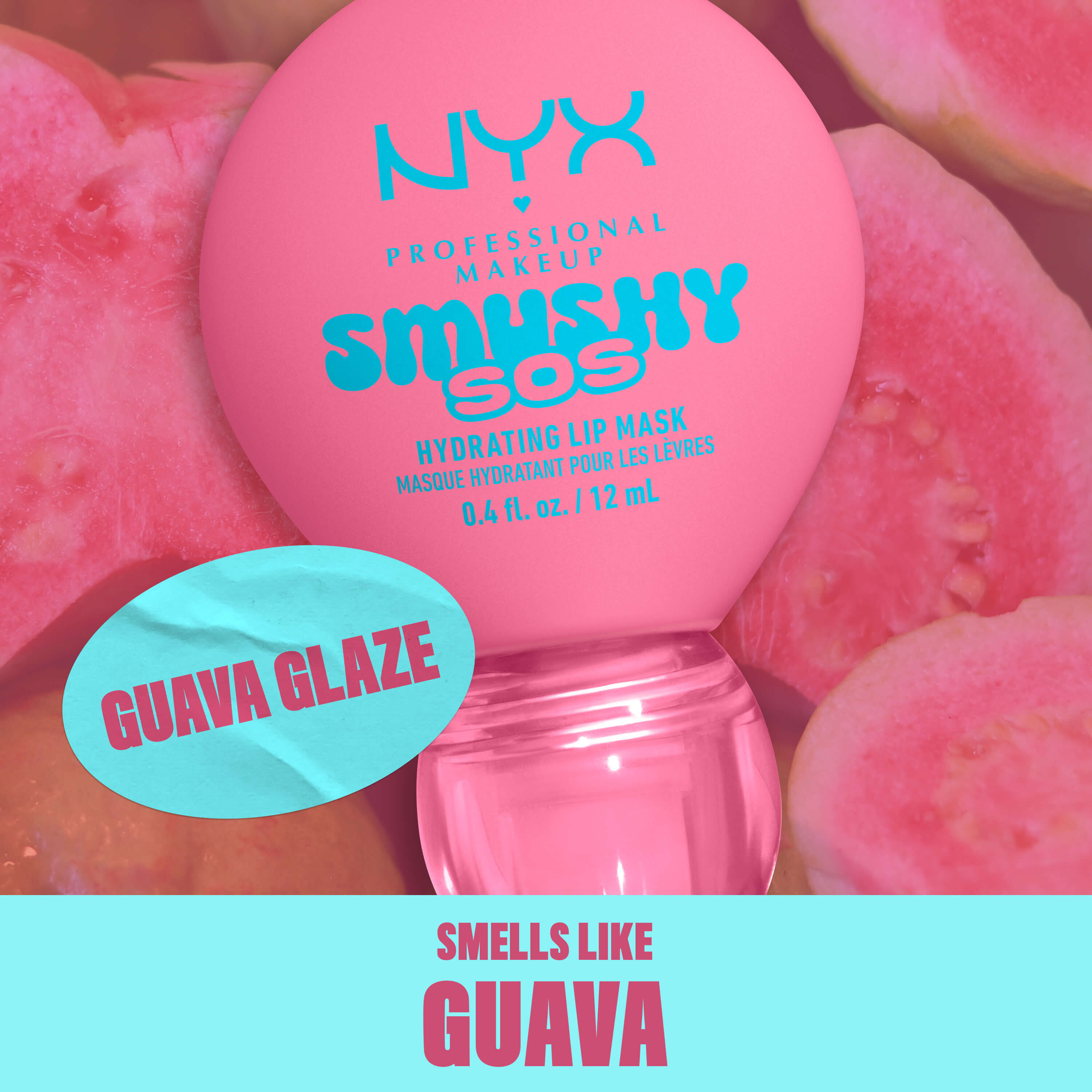 NYX Professional Makeup Smushy SOS lip mask in Guava Glaze with fresh guava halves, scented like guava