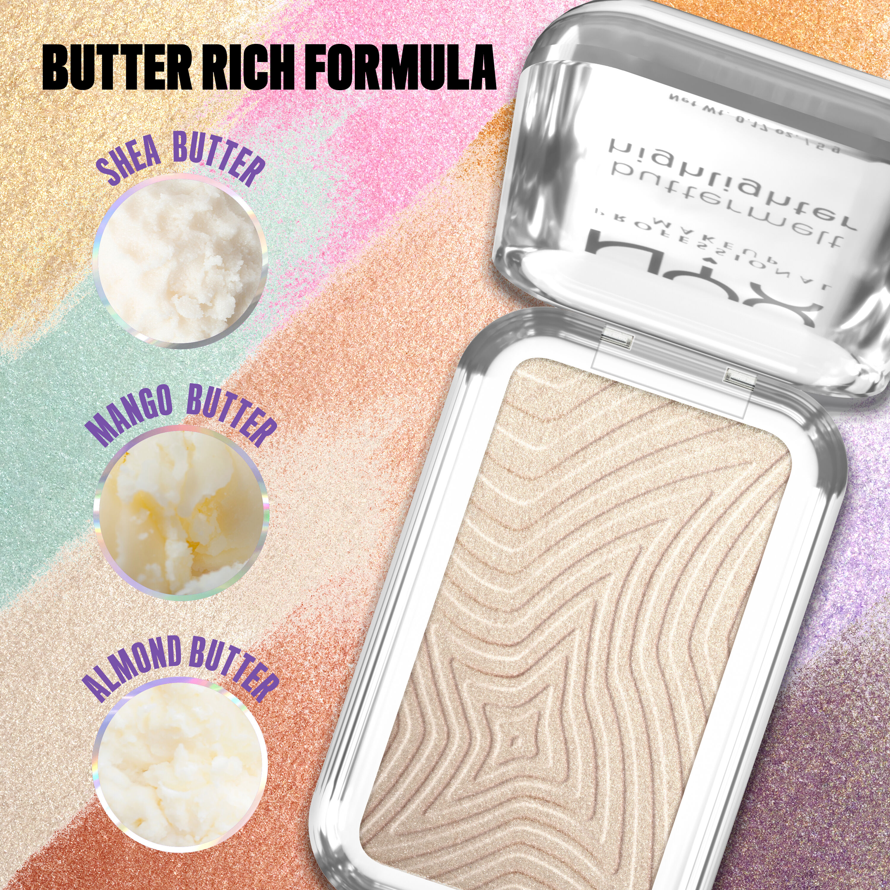 Open Buttermelt Highlighter in shade "Bright & Butta", with image close-ups of shea, mango, and almond butter