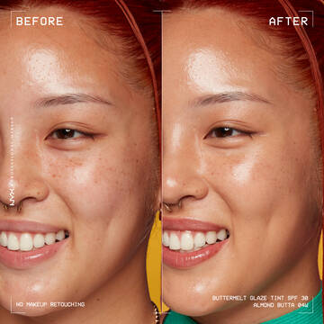 before and after images of person wearing Buttermelt Glaze Skin Tint with SPF 30
