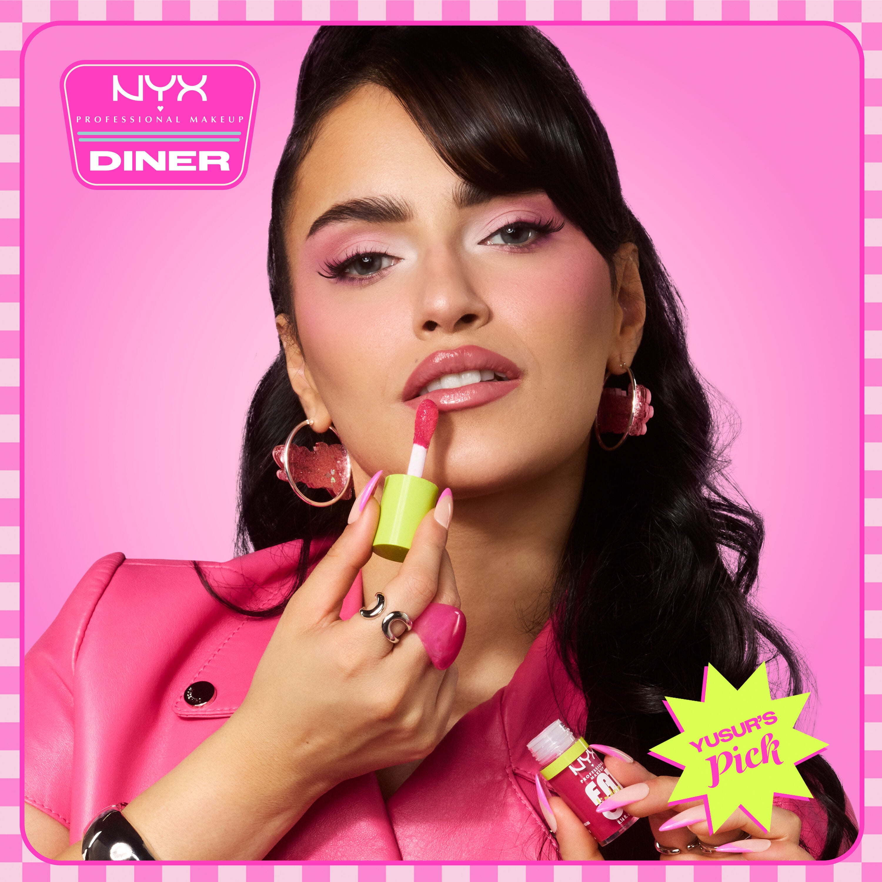 NYX Professional Makeup Suede Matte Lip Liner in 25 Whipped Caviar and Fat Oil Lip Drip in 02 Missed Call featured in a beauty visual with model close-up and campaign graphics.