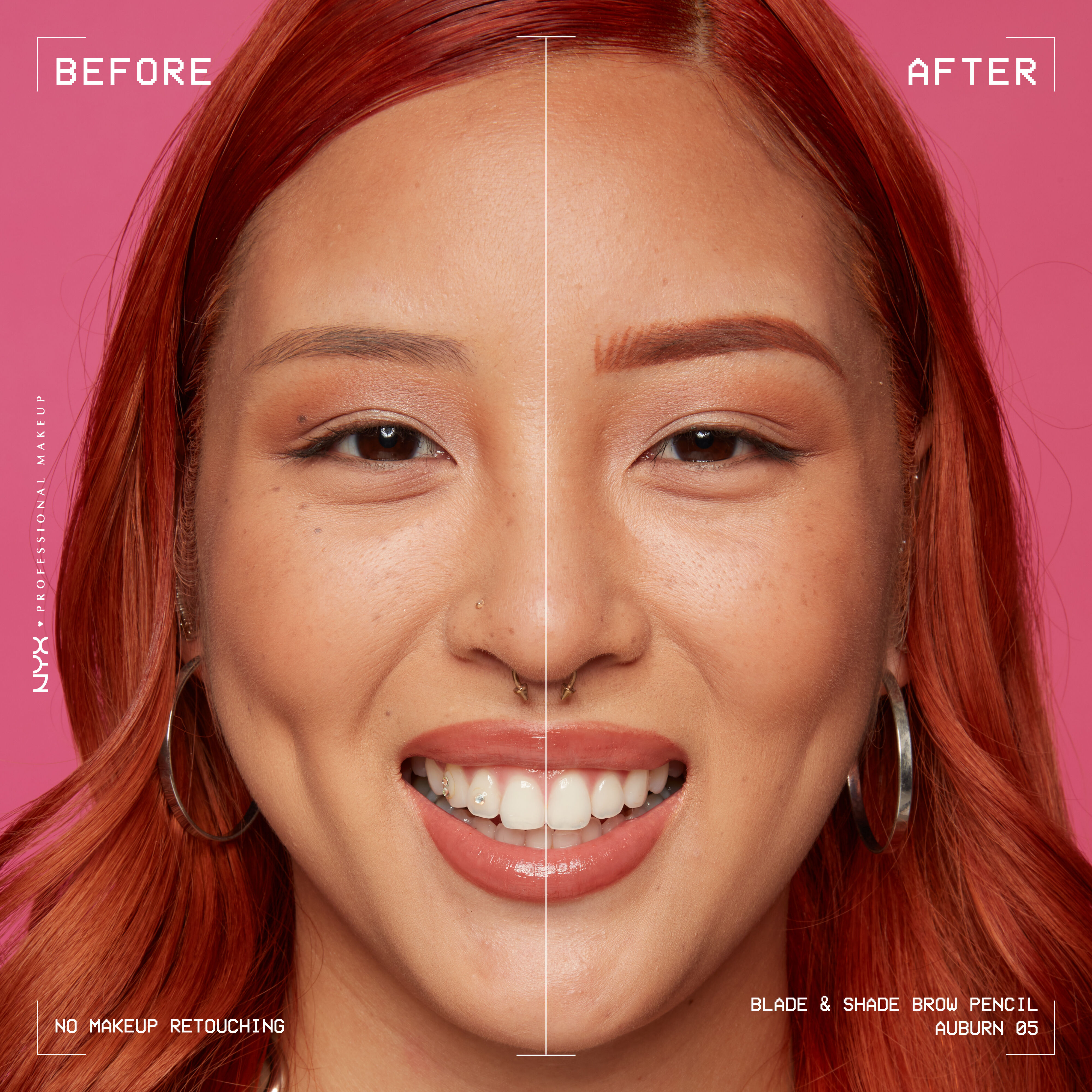 woman facing forward showing before and after of Blade & Shade Nano Brow Pencil on eyebrows