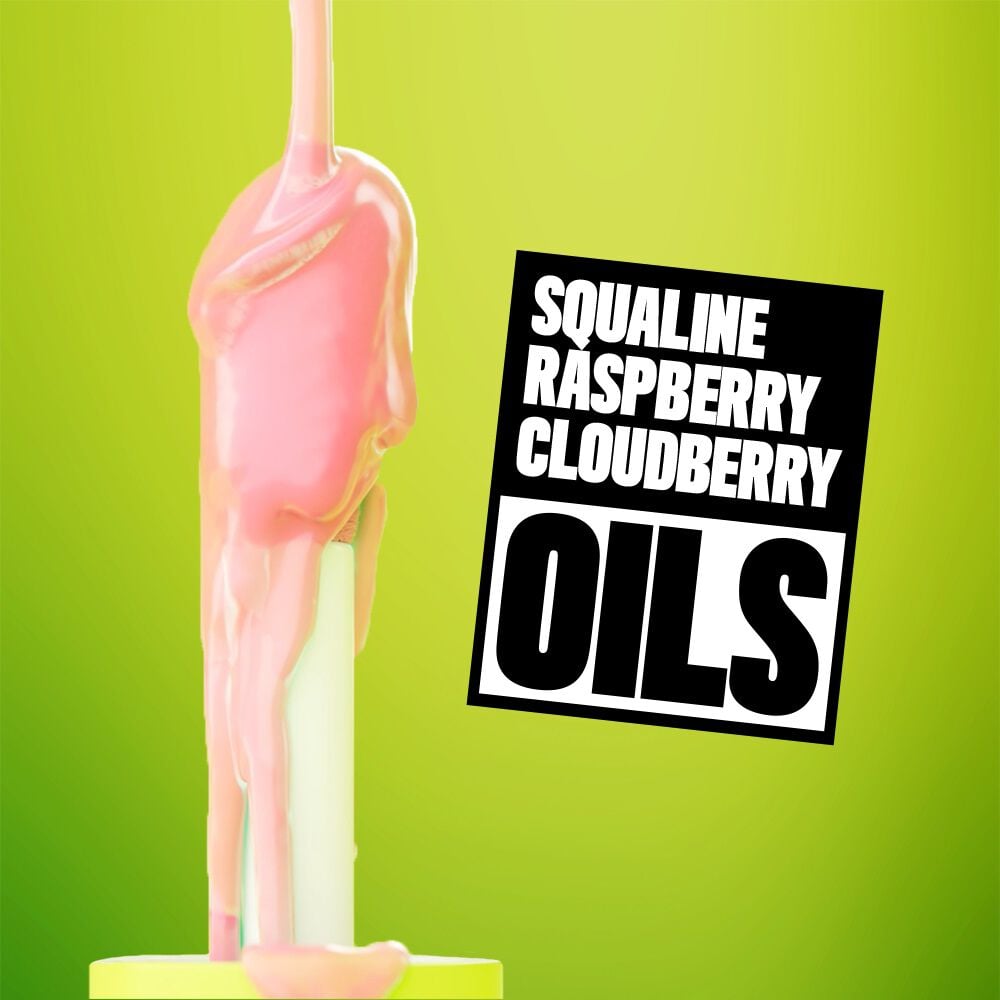 Fat Oil close up to applicator with formula dripping onto it. Squaline, Raspberry, Cloudberry Oils. 