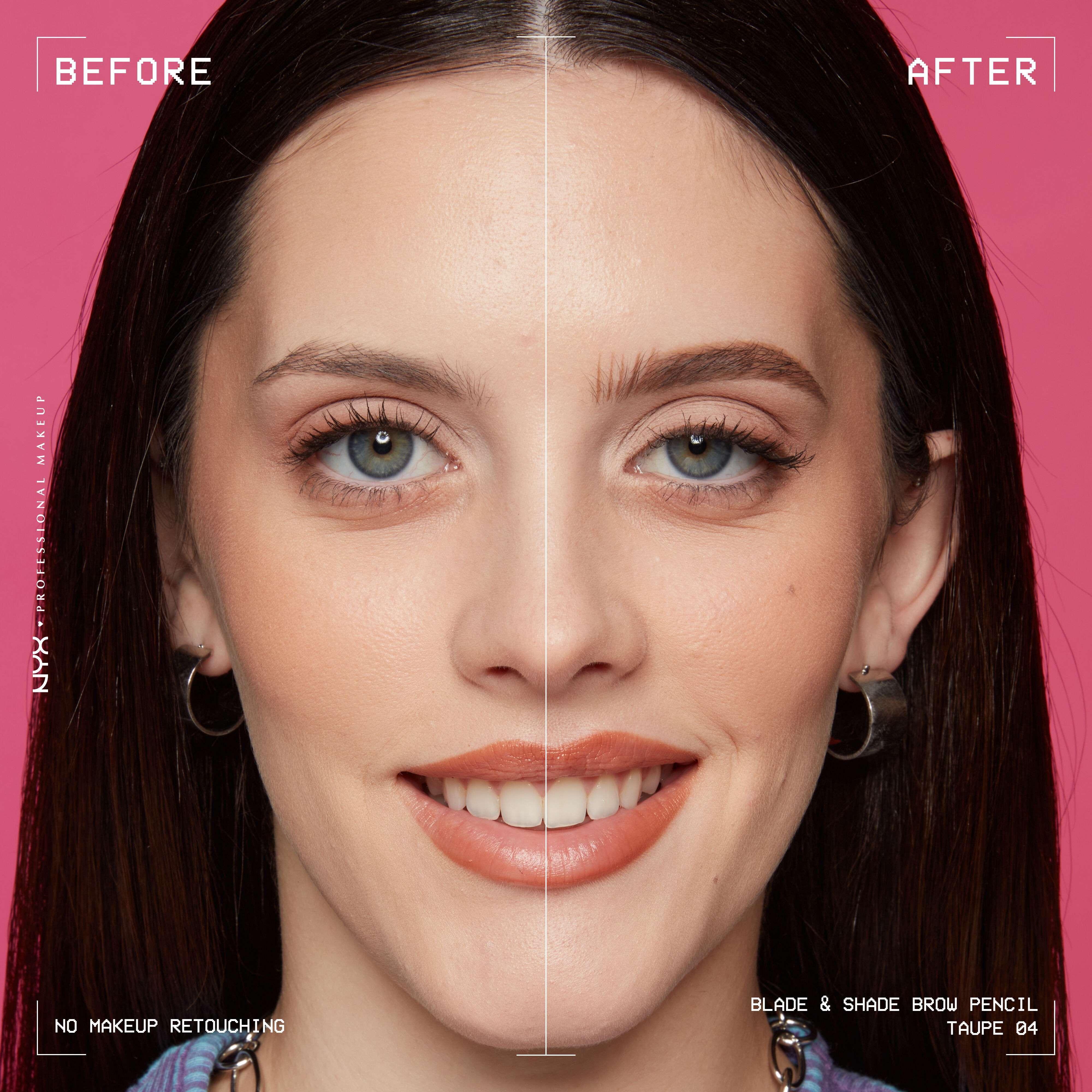 woman facing forward showing before and after of Blade & Shade Nano Brow Pencil on eyebrows