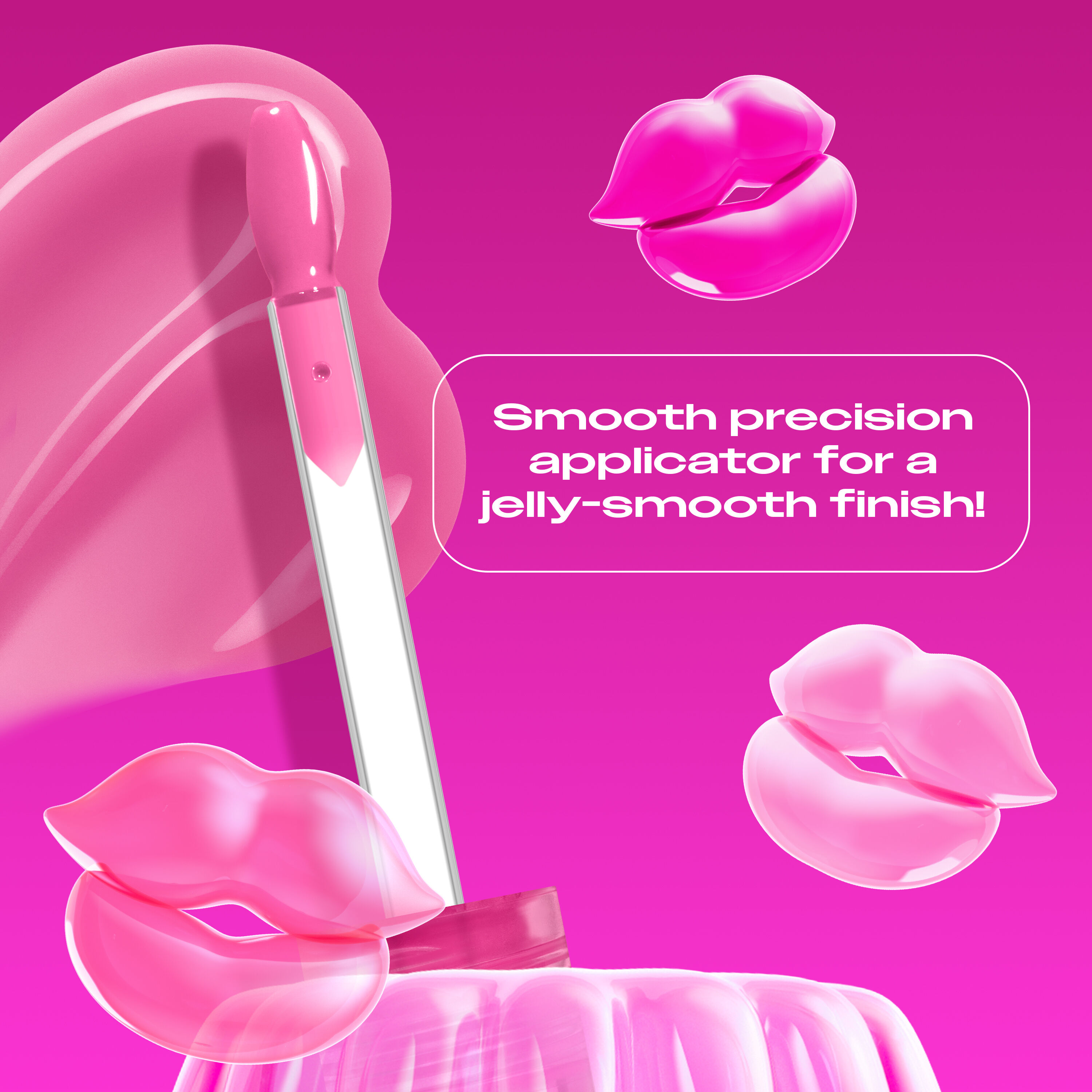 Jelly Job Lip Gloss applicator & swatch in shade 'Jelly Icing', with text on precision applicator for smooth lip finish  