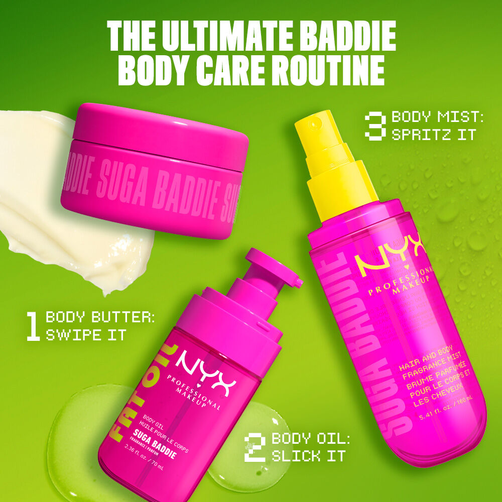 NYX Professional Makeup body care routine on a lime green background with three bright pink products: Suga Baddie Body Butter, Fat Oil Suga Baddie body oil, and Suga Baddie hair & body fragrance mist. Text reads: 1 Body Butter: swipe it, 2 Body Oil: slick it, 3 Body Mist: spritz it.