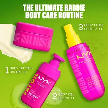 NYX Professional Makeup body care routine on a lime green background with three bright pink products: Suga Baddie Body Butter, Fat Oil Suga Baddie body oil, and Suga Baddie hair & body fragrance mist. Text reads: 1 Body Butter: swipe it, 2 Body Oil: slick it, 3 Body Mist: spritz it.
