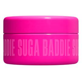 NYX Professional Makeup Fat Oil Body Butter in Suga Baddie, shown open with pale cream body butter in a bright pink jar and matching lid, 145 mL.