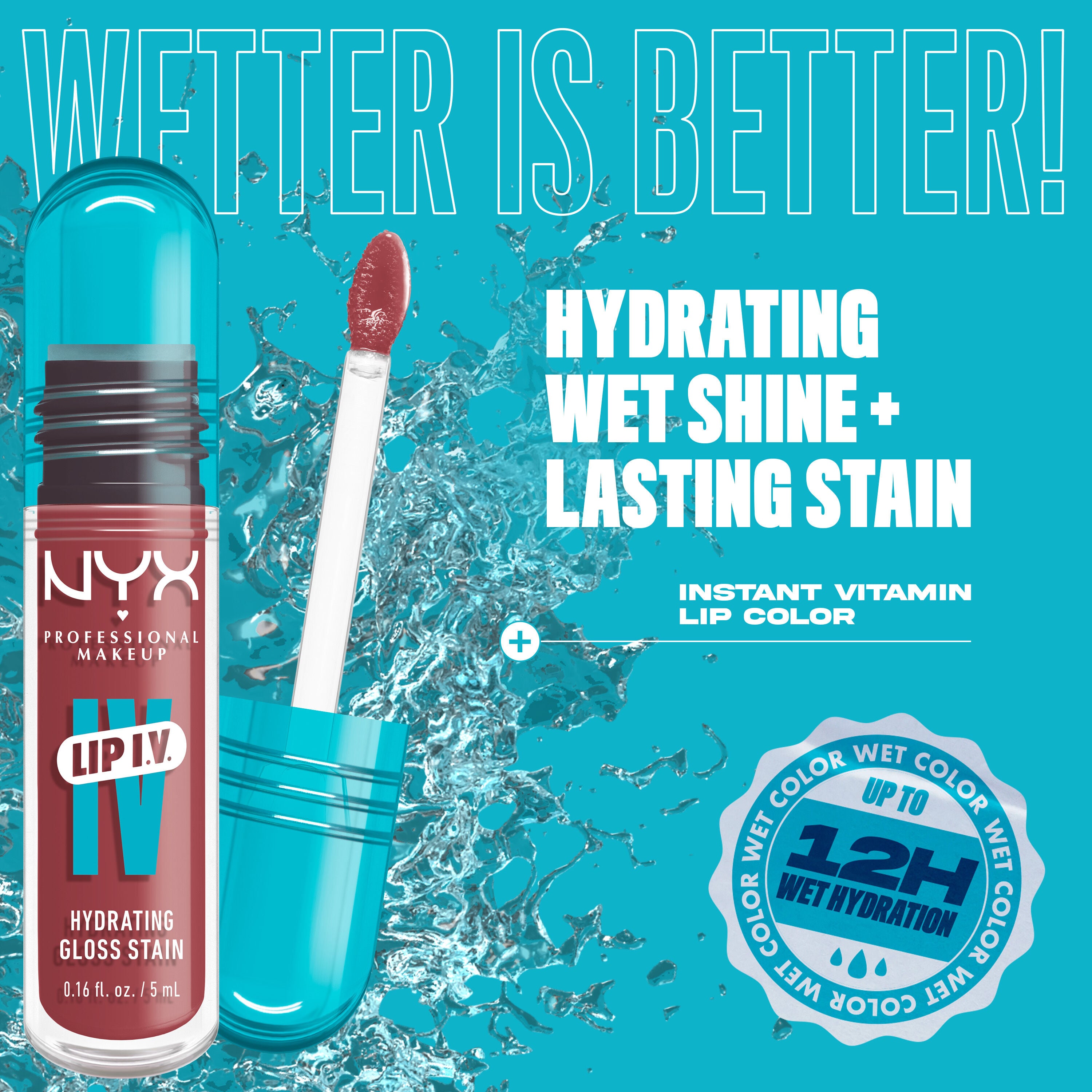 Lip I.V. Hydrating Lip Gloss Stain with applicator on blue splash background with text "hydrating wet shine + lasting stain."