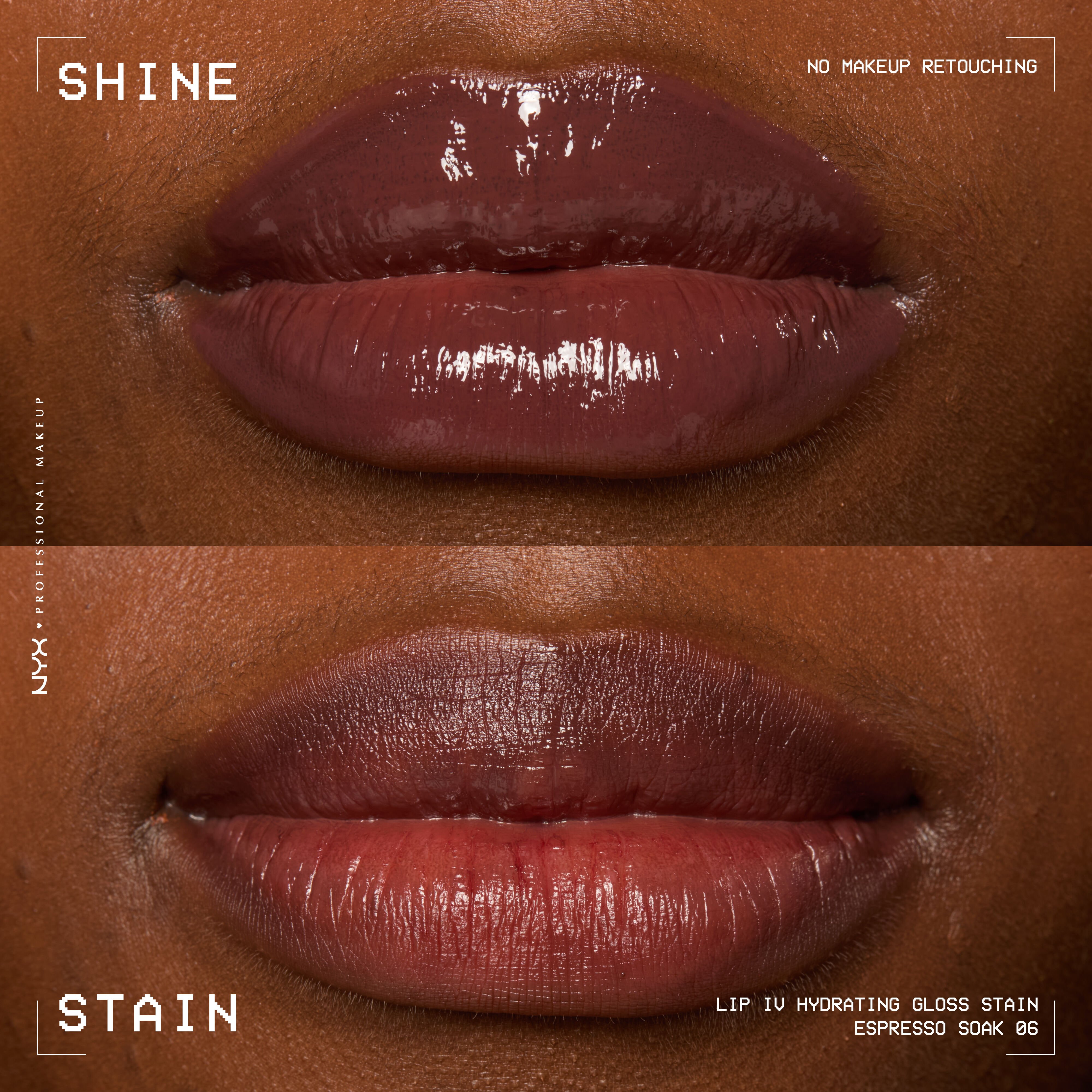 comparison of lips when glossy from Lip I.V. Hydrating Lip Stain vs after staining labeled “Shine” and “Stain”