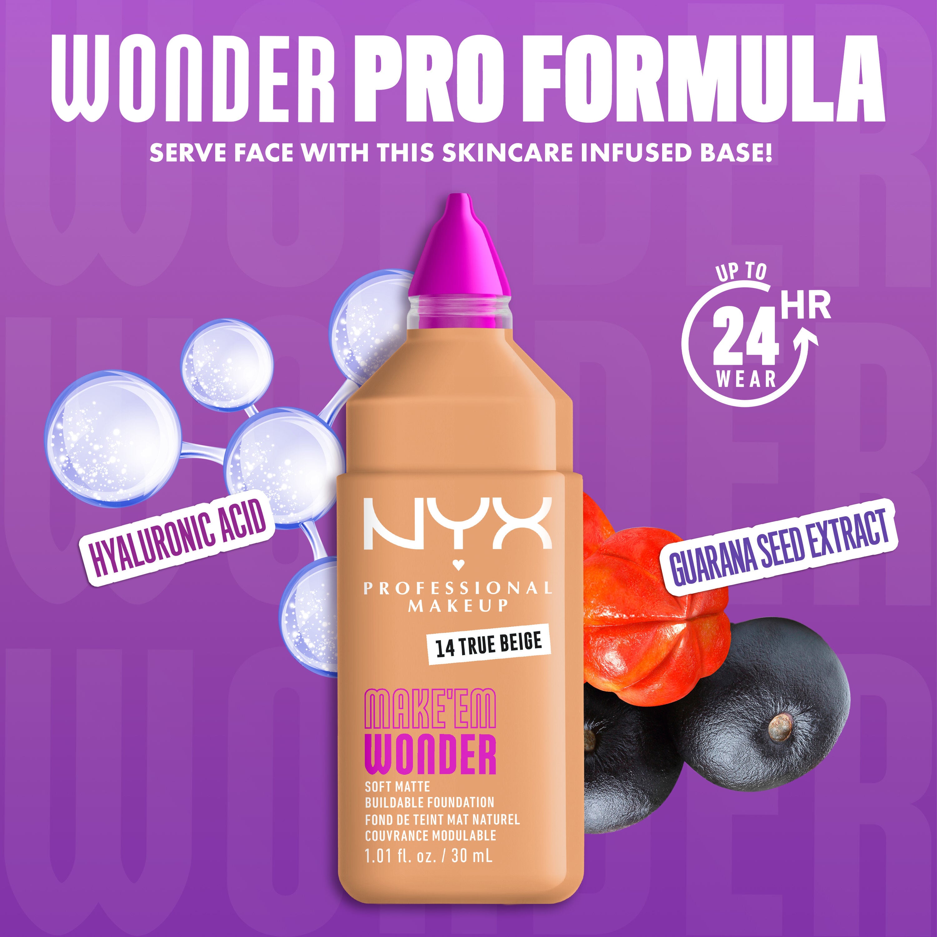 NYX Make ’Em Wonder Foundation shade 14 True Beige with text overlay “Wonder Pro Formula,” featuring hyaluronic acid and guarana seed extract.
