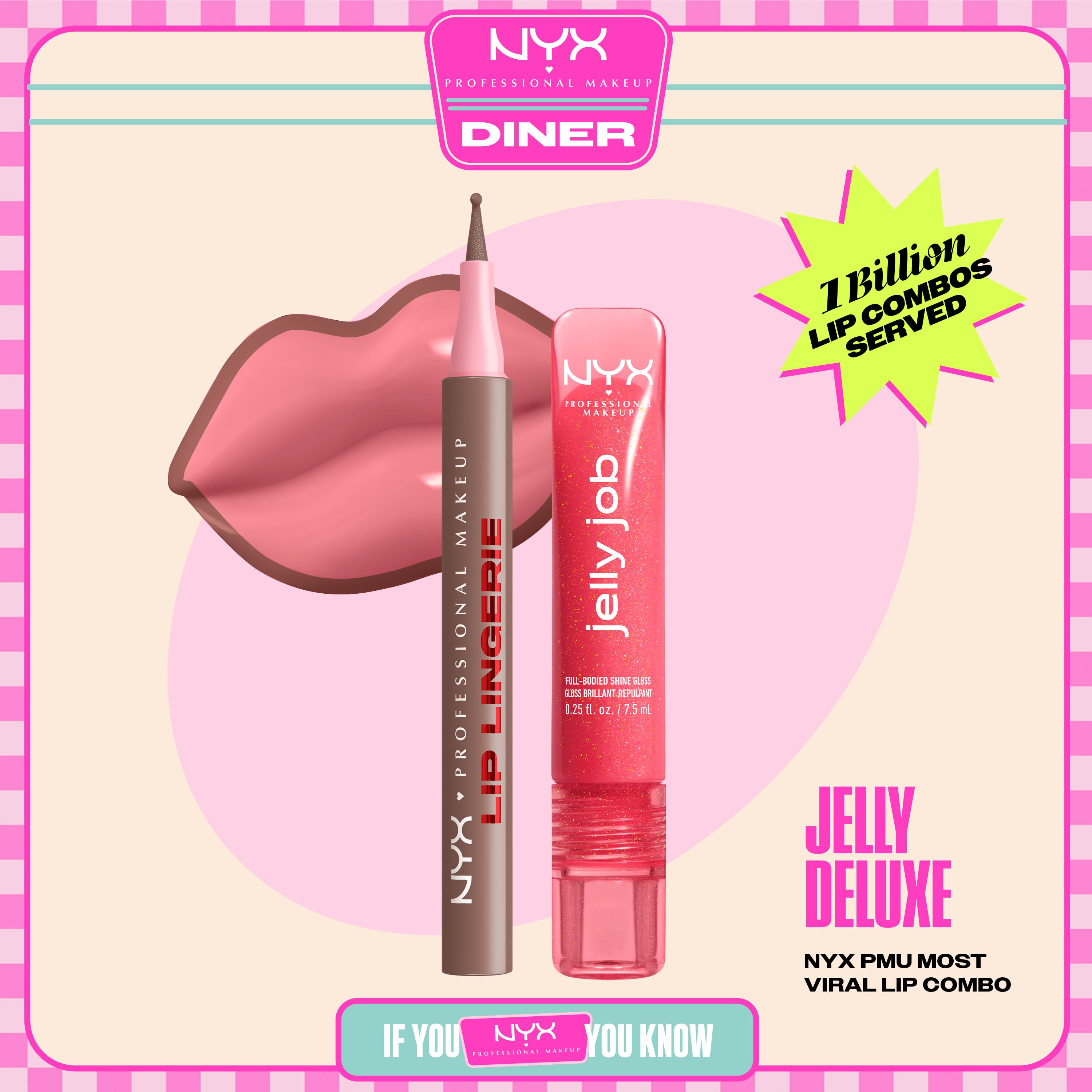 NYX Professional Makeup Lip Lingerie Lip Liner Stain in 05 Lip Lock and Jelly Job Full Bodied Shine Gloss in 08 Jelly Kiss’d shown in a stylized packshot with pink lips and product packaging.