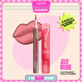 NYX Professional Makeup Lip Lingerie Lip Liner Stain in 05 Lip Lock and Jelly Job Full Bodied Shine Gloss in 08 Jelly Kiss’d shown in a stylized packshot with pink lips and product packaging.