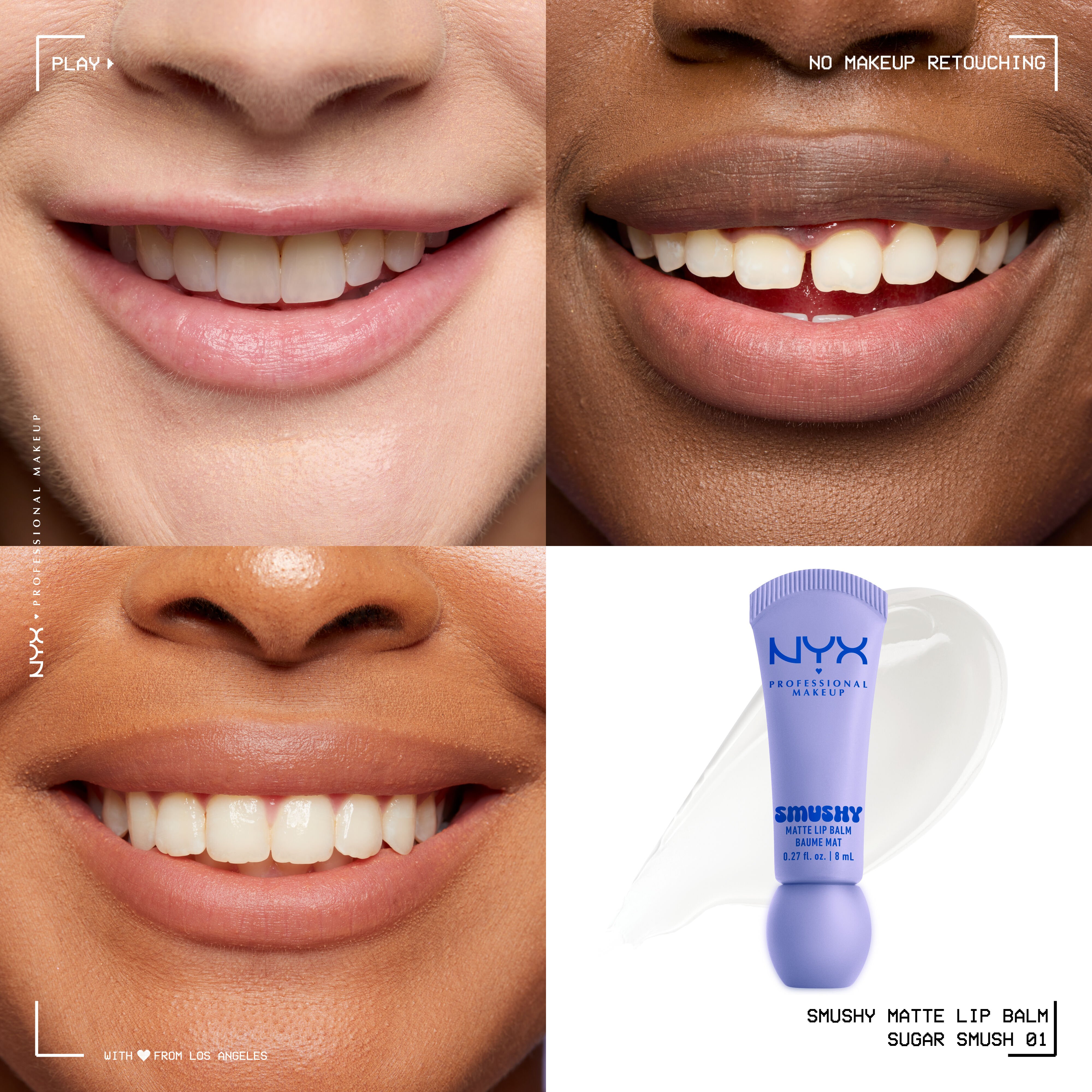 Smushy Matte Lip Balm in clear shade Sugar Smush on three different skin tones