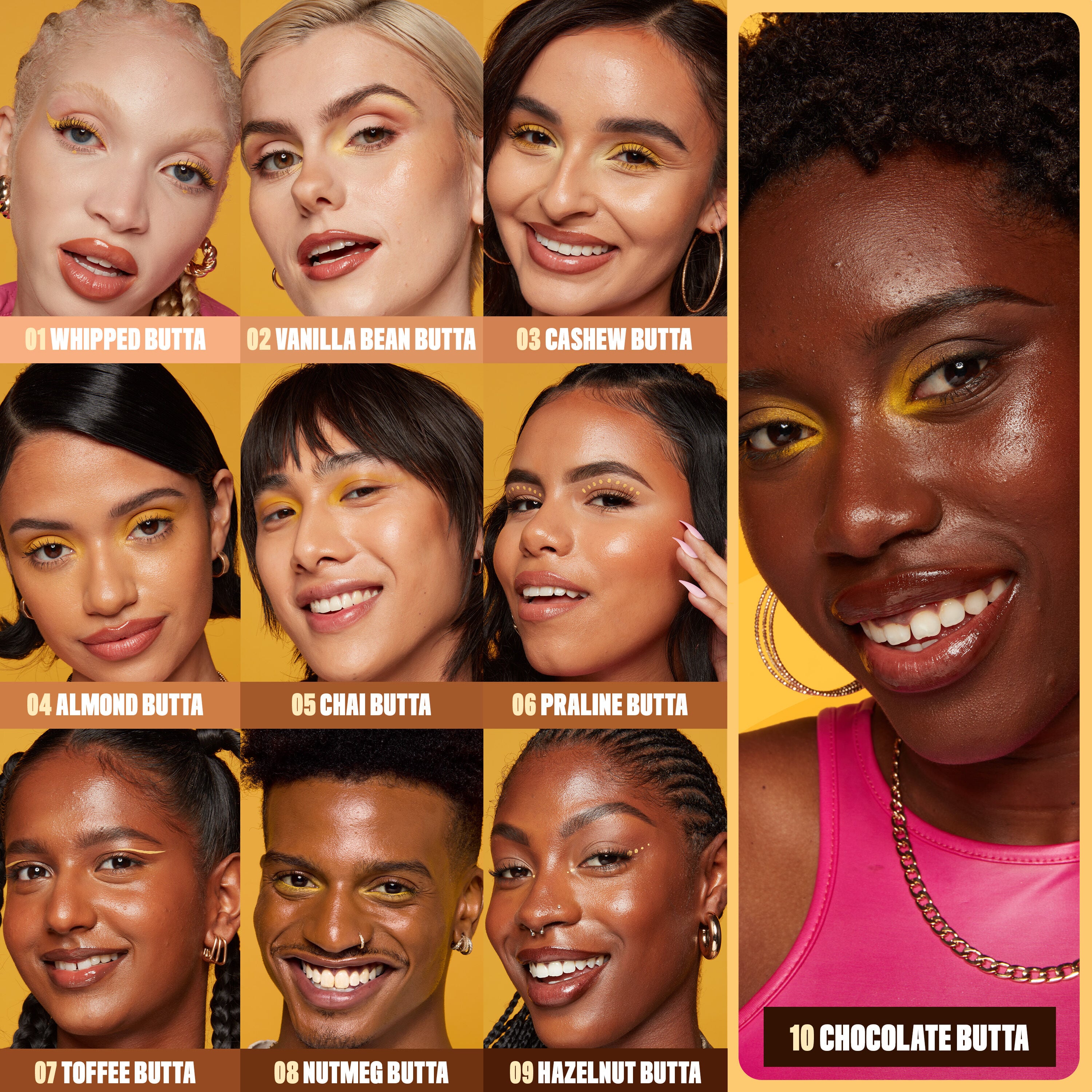 models wearing all ten shades of Buttermelt Glaze Skin Tint with SPF 30