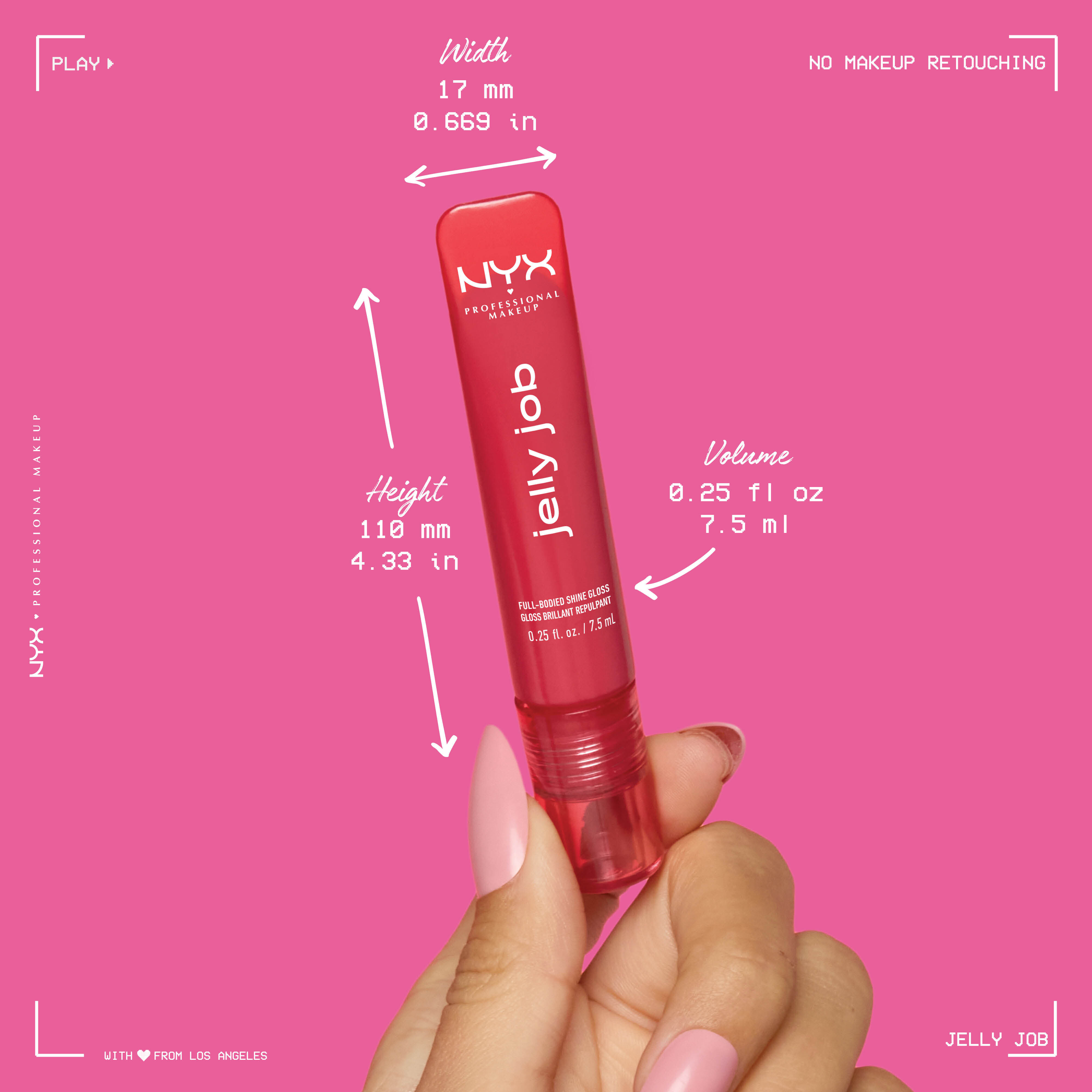 Fingers holding Jelly Job Jelly Lip Gloss with text overlay of dimensions of the product: 4.33' x .669' and 0.27 fl oz