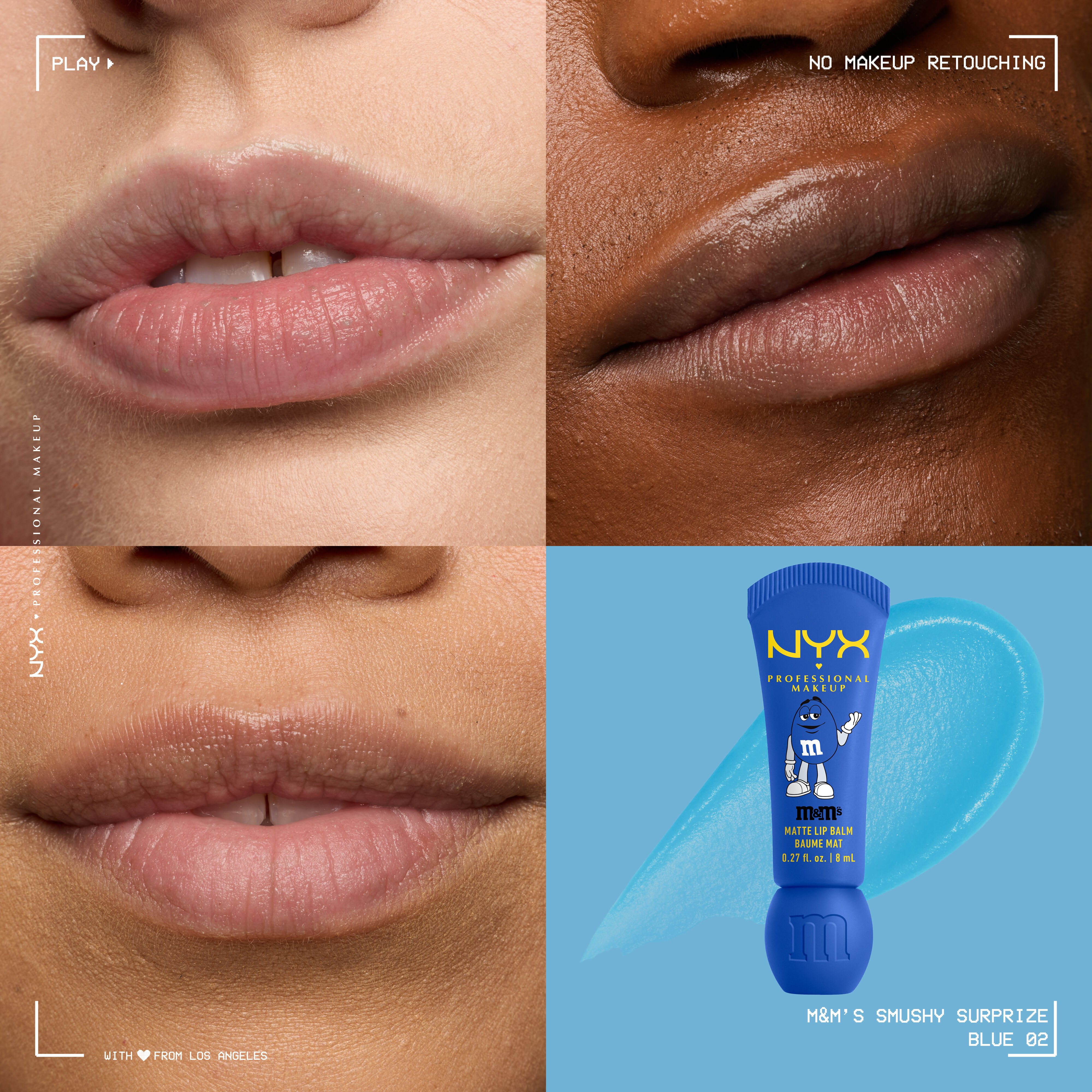 Close-up collage of three models wearing NYX Professional Makeup M&M'S Smushy Surprize Blue 02 matte lip balm, with the blue tube and matching lip swatch shown on the right.
