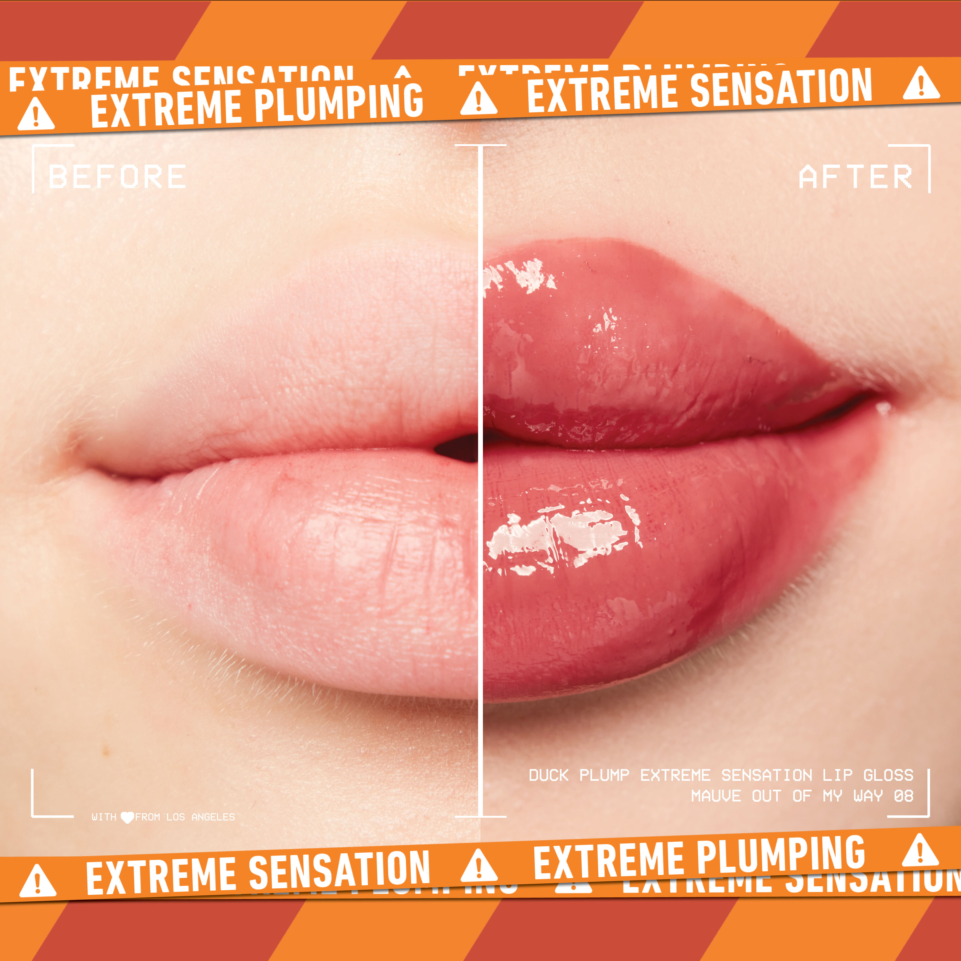 before and after image of lips with Duck Plump Lip Plumping Gloss light
