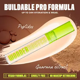 Wonder Snatch(TM) Concealer image with text: "Buildable Pro Formula. Up to 24H Hydration & Wear. Peptides. Guarana extract. Vegan Formulas. Cruelty Free. No Makeup Retouching."