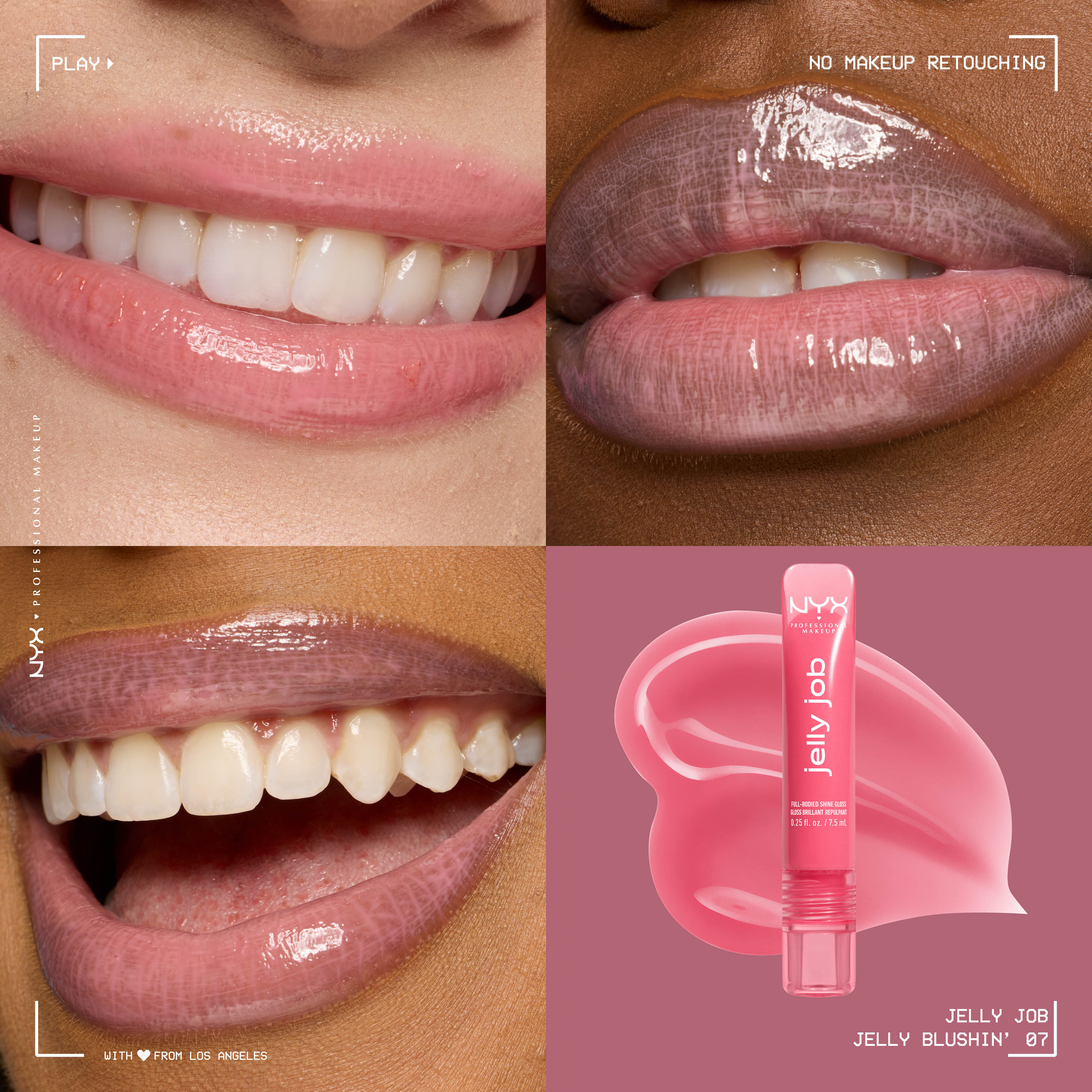 Close up of 3 models with varying skin tones wearing Jelly Job Jelly Lip Gloss in shade 'Jelly Blushin'', a pale pink color