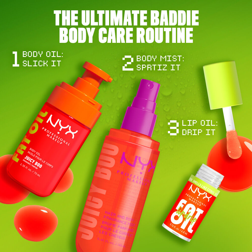 NYX Professional Makeup Juicy Boo body care routine on a lime green background with Fat Oil body oil, hair & body fragrance mist, and Fat Oil Lip Drip. Text reads: 1 Body Oil: slick it, 2 Body Mist: spritz it, 3 Lip Oil: Drip it.
