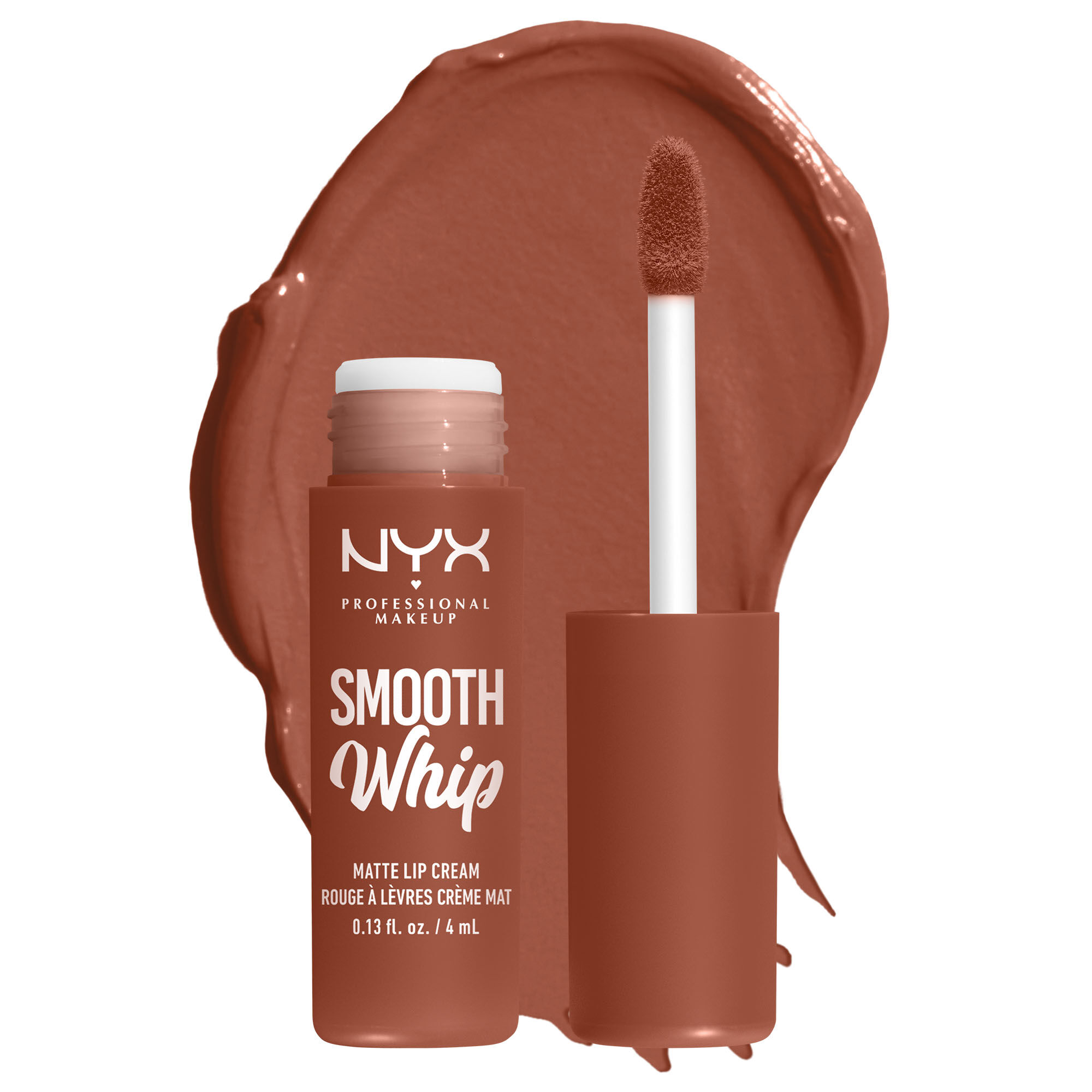 Smooth Whip Matte Lip Cream open tube on white background & dark green blue lip cream smear