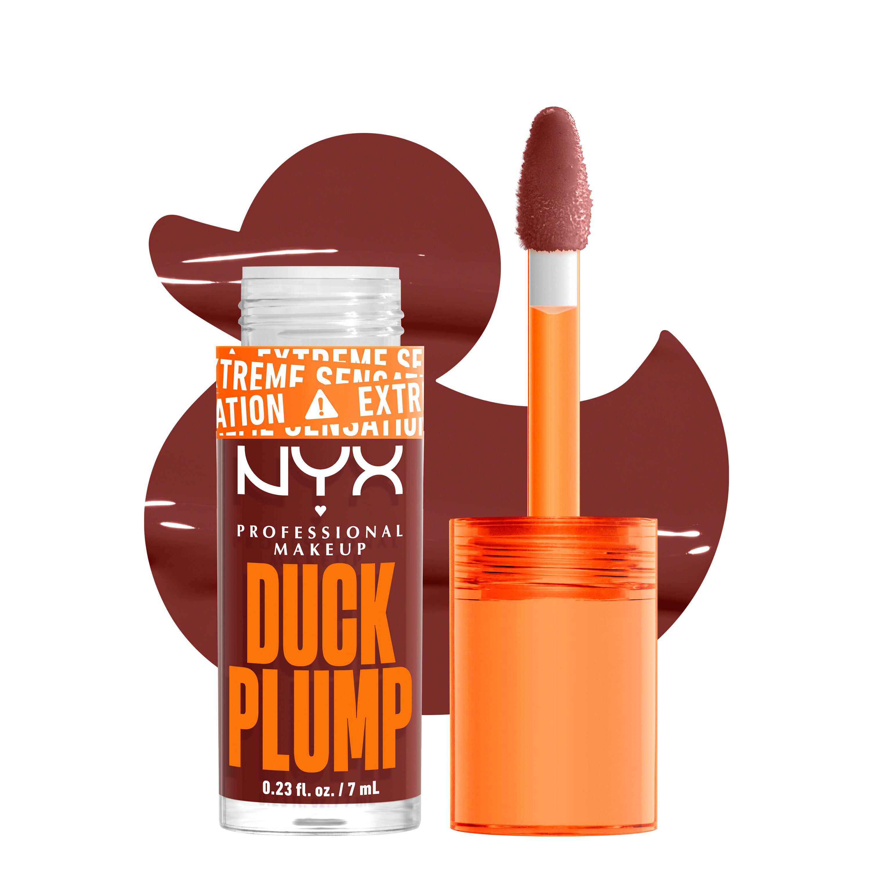 Duck Plump lip gloss bottle and applicator with duck cutout background