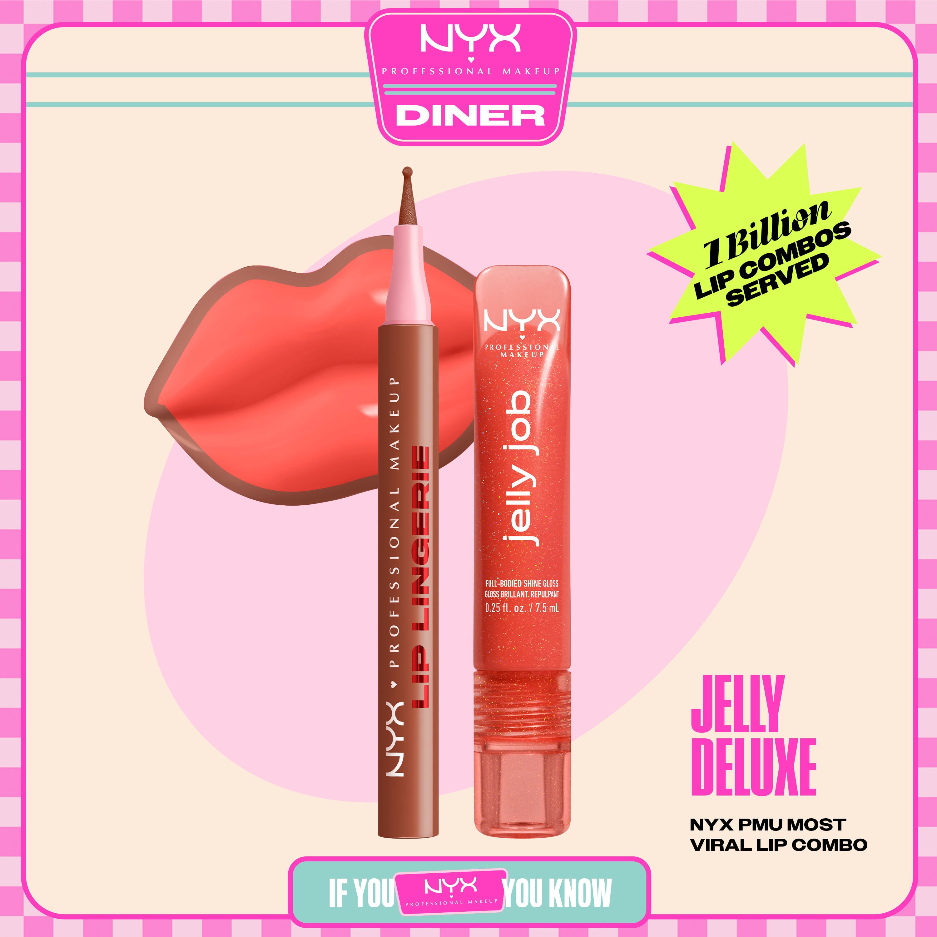 NYX Professional Makeup Lip Lingerie Lip Liner Stain in 02 Naughty Nude and Jelly Job Full Bodied Shine Gloss in 12 Jelly Squeeze shown in a stylized packshot with lip graphic and product packaging.