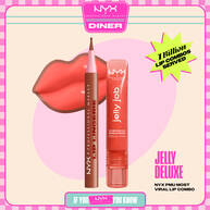 NYX Professional Makeup Lip Lingerie Lip Liner Stain in 02 Naughty Nude and Jelly Job Full Bodied Shine Gloss in 12 Jelly Squeeze shown in a stylized packshot with lip graphic and product packaging.