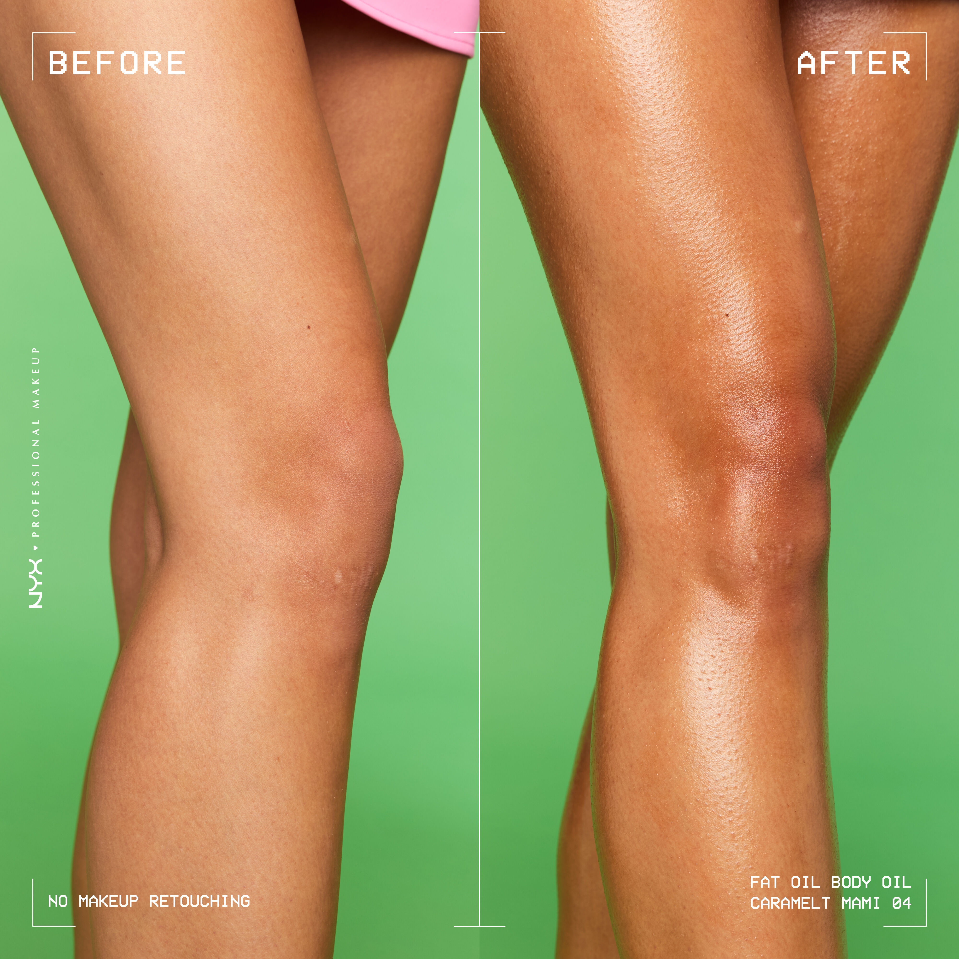 NYX Professional Makeup Body Oil in Caramelt Mami applied to legs, showing bronzed and shimmery finish.