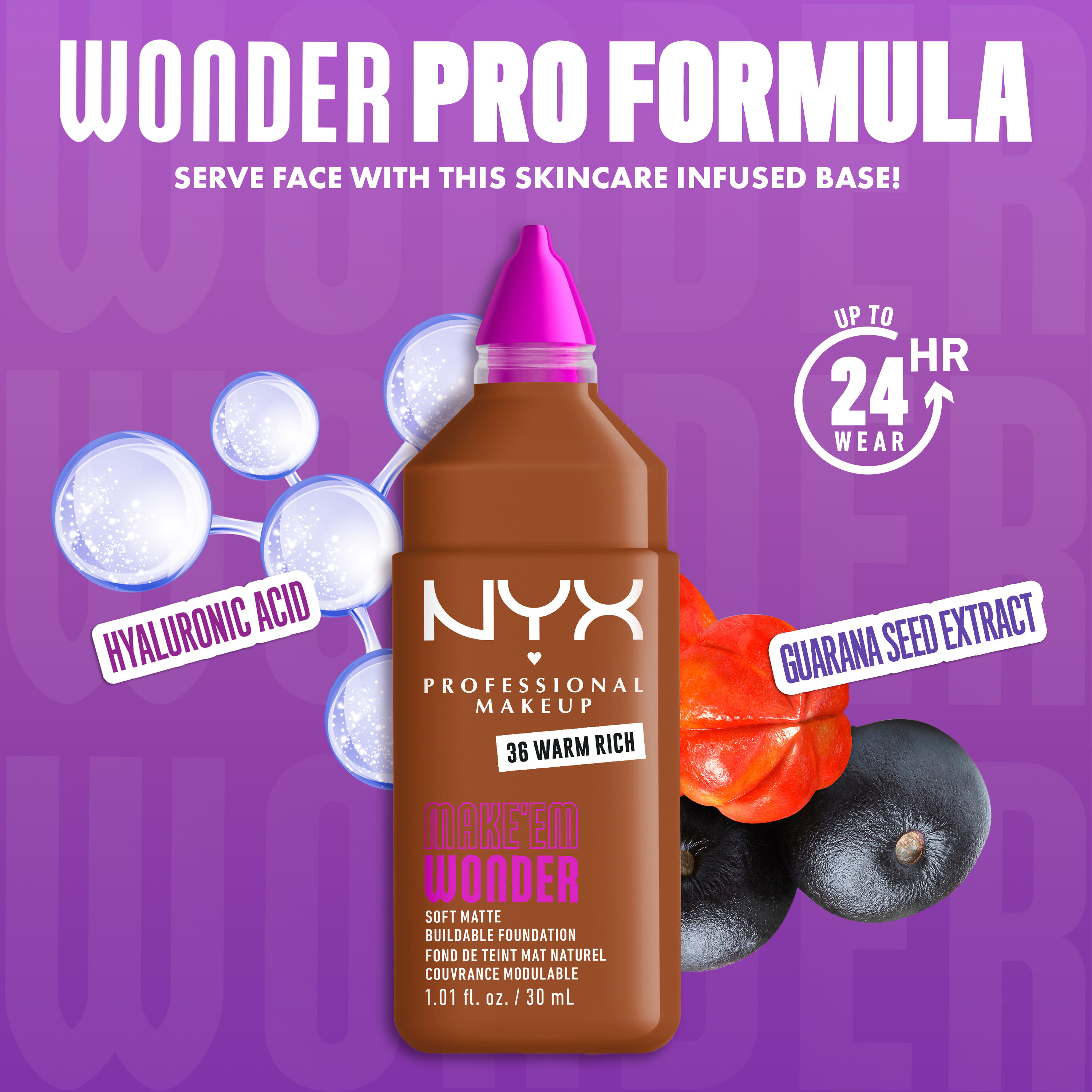 NYX Make ’Em Wonder Foundation in shade 36 Warm Rich with text overlay “Wonder Pro Formula,” featuring hyaluronic acid and guarana seed extract.