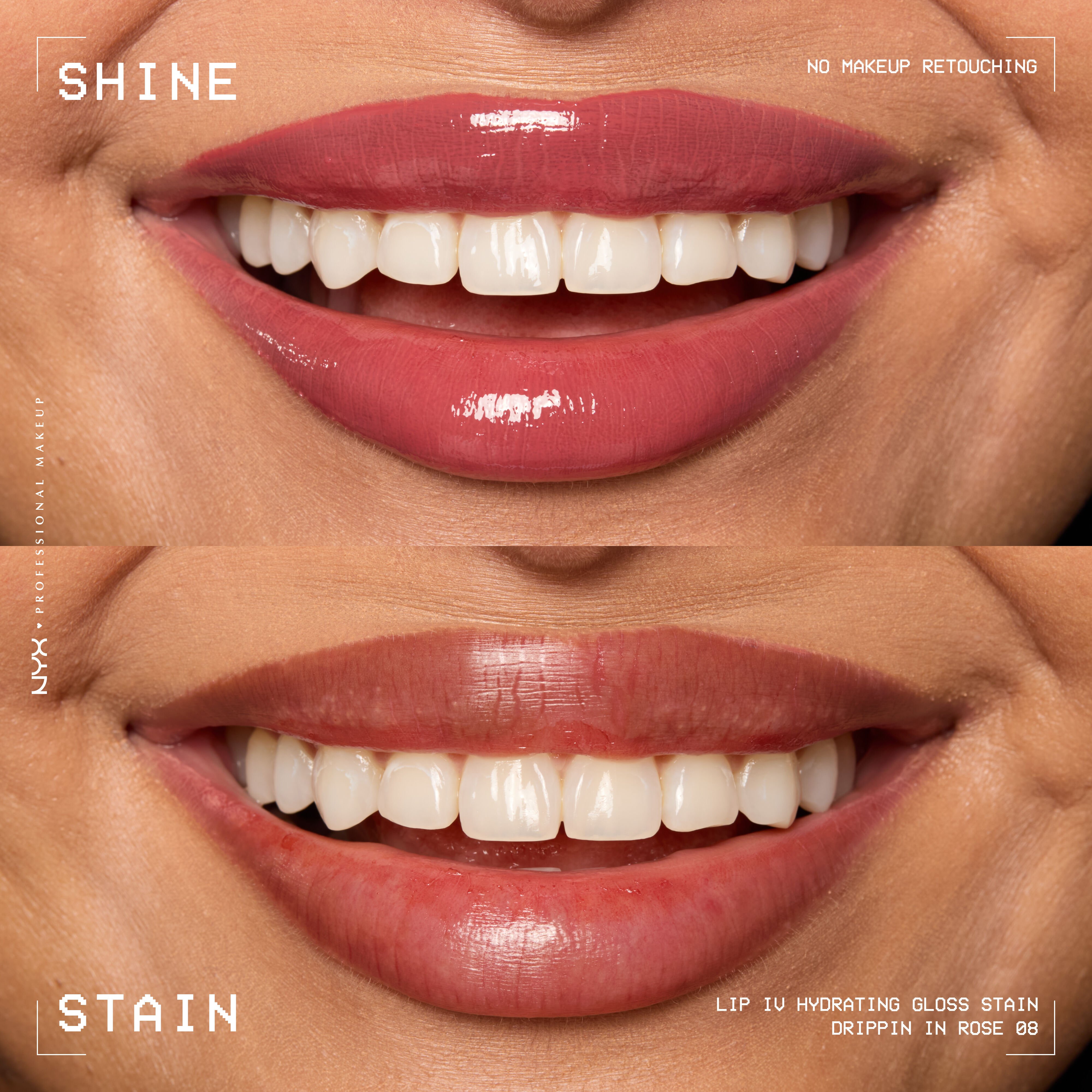 comparison of lips when glossy from Lip I.V. Hydrating Lip Stain vs after staining labeled “Shine” and “Stain”