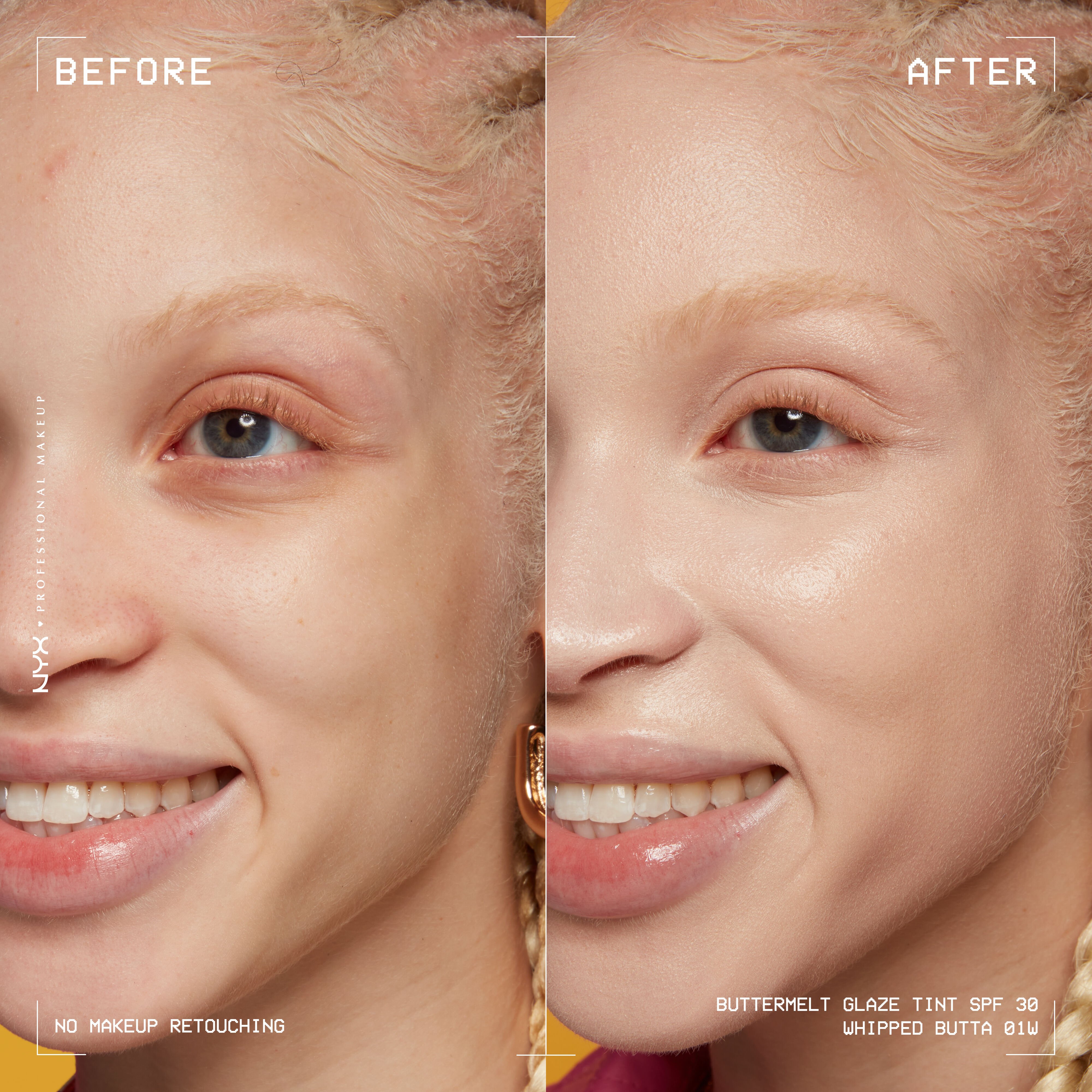 before and after images of person wearing Buttermelt Glaze Skin Tint with SPF 30