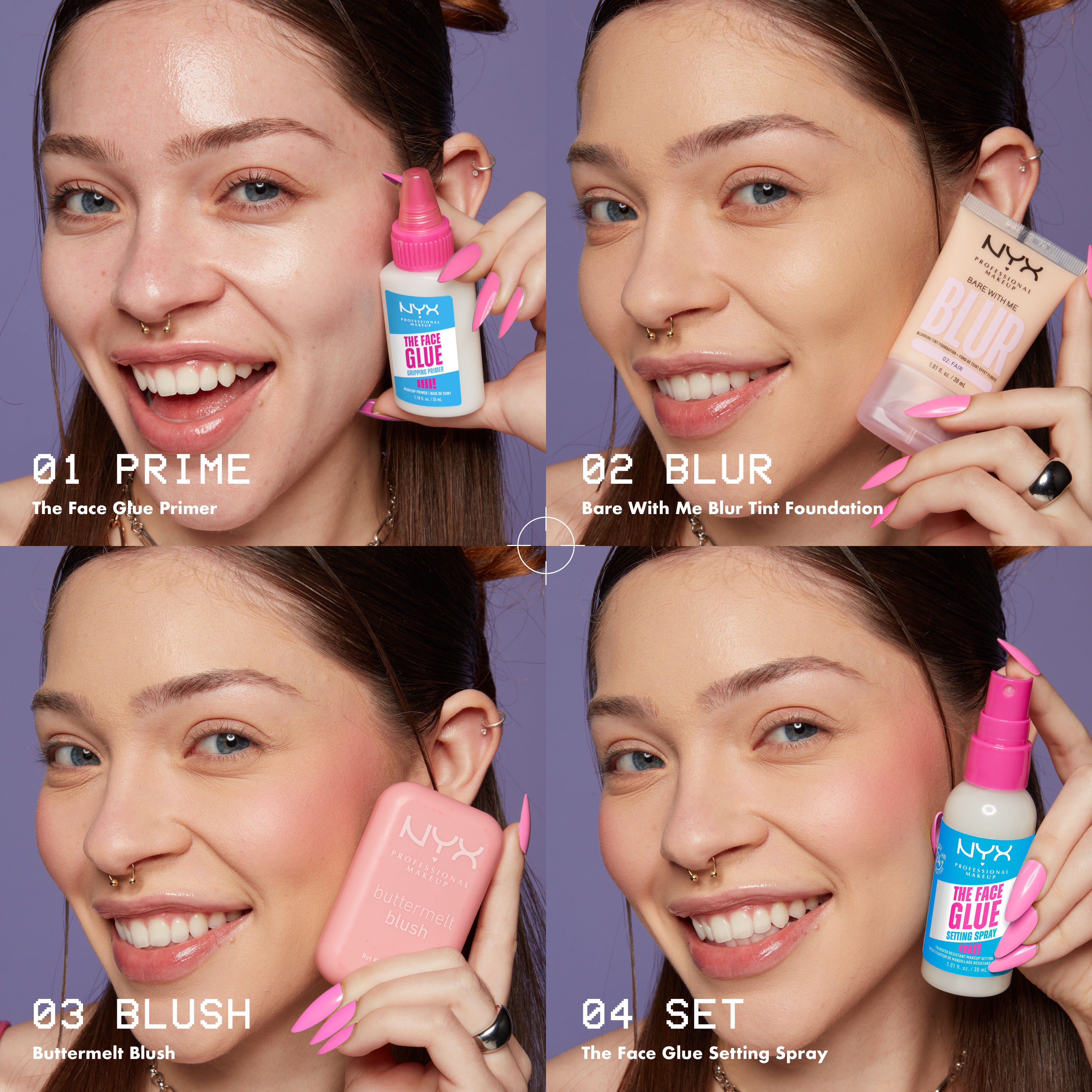 woman showing four-step makeup application process starting with The Face Glue Gripping Primer