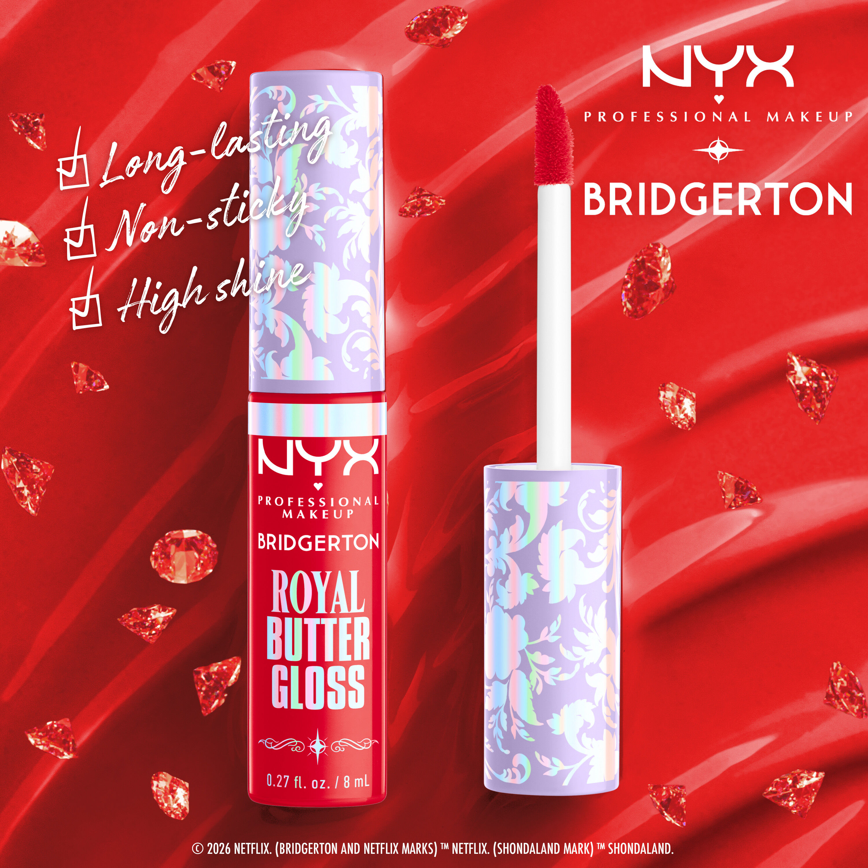 NYX Royal Butter Gloss displayed with applicator wand, highlighting benefits like long-lasting, non-sticky, and high shine in shade Rogue Romance, Flirt Alert
