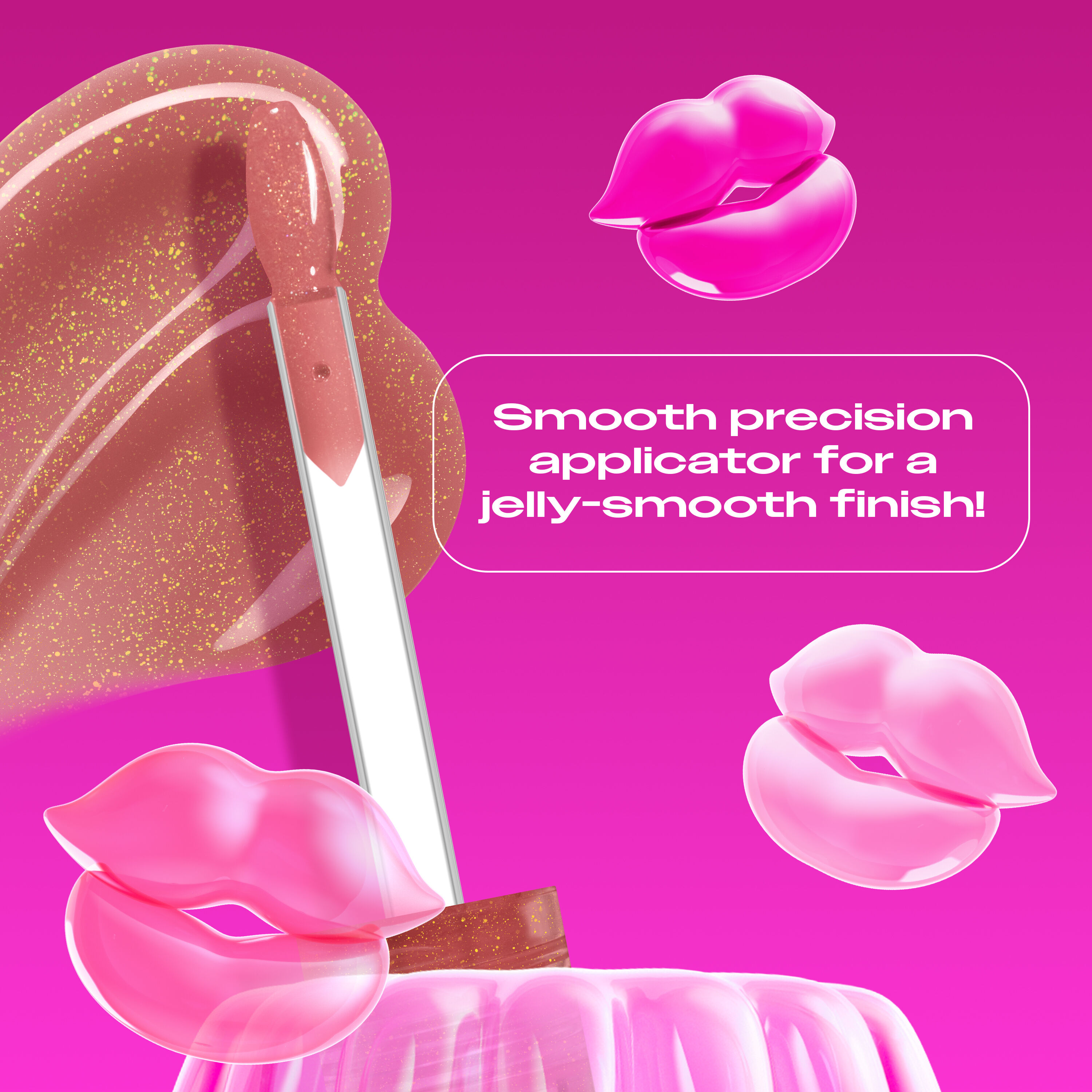 Jelly Job Lip Gloss applicator & swatch in shade 'Honey, It's Jelly', with text on precision applicator for smooth lip finish  