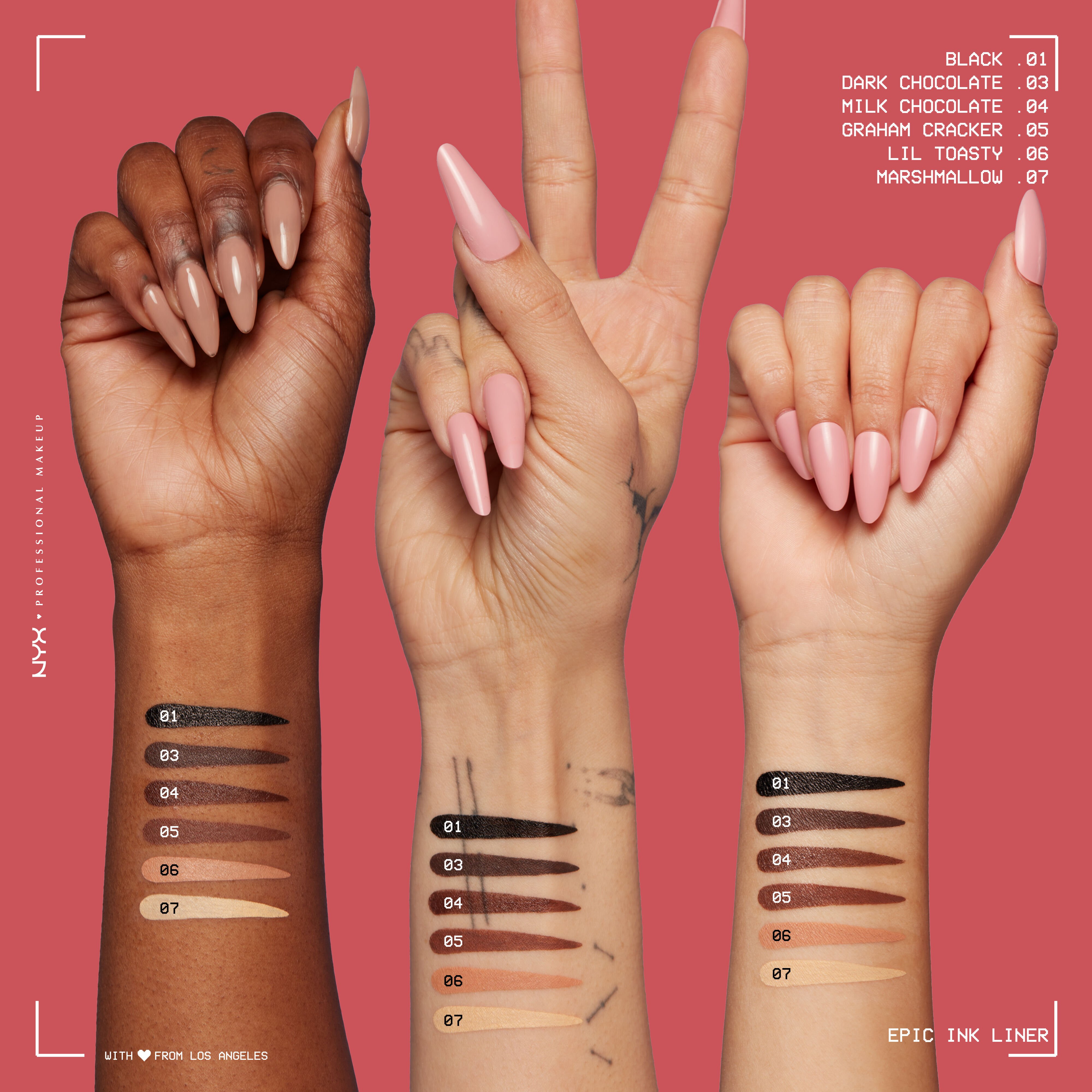 3 arms with varying skintones showing six Epic Ink Waterproof Liquid Eyeliner swatches in neutral shades