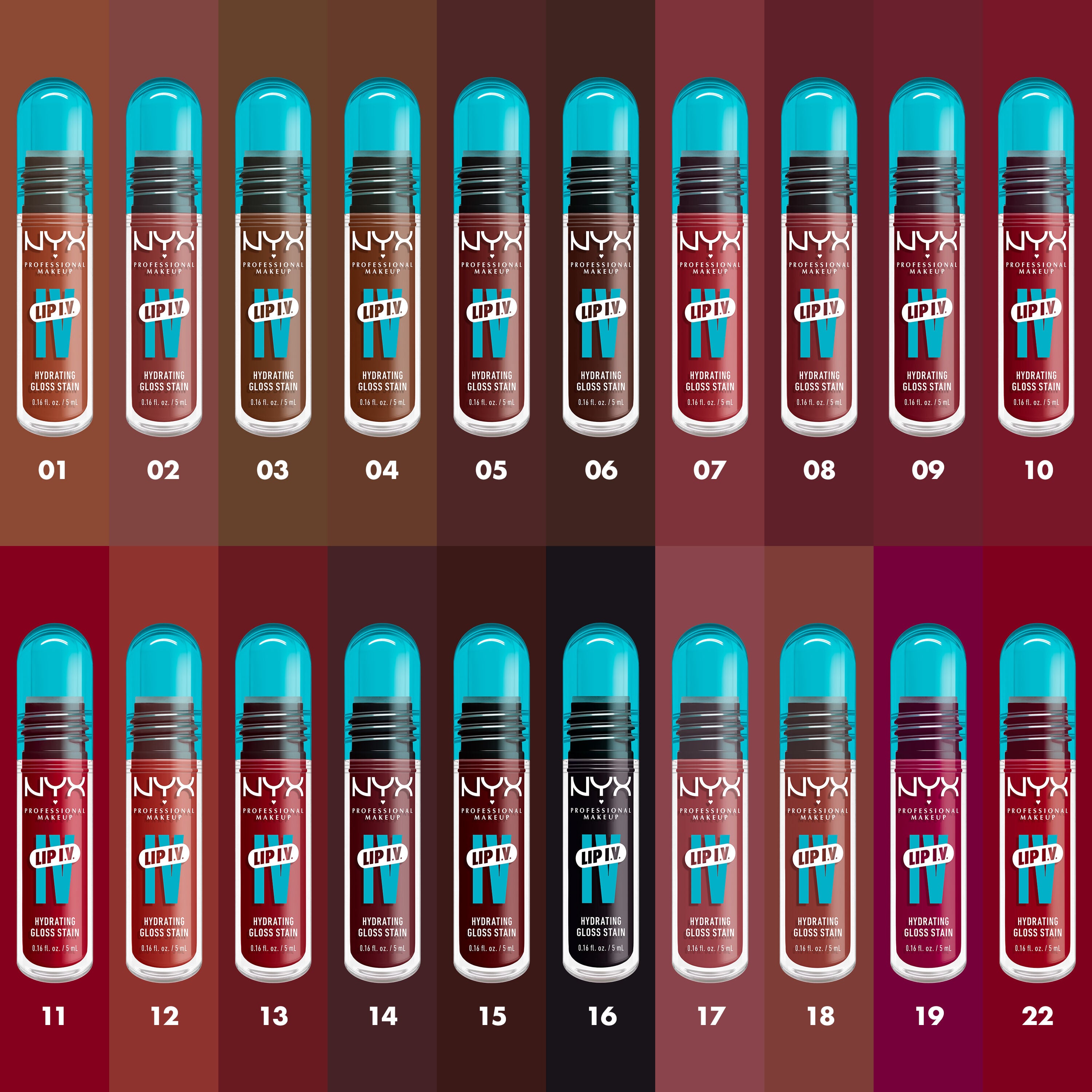 All 20 shades of Lip I.V. Hydrating Lip Gloss Stain on background of the colors of each shade. 