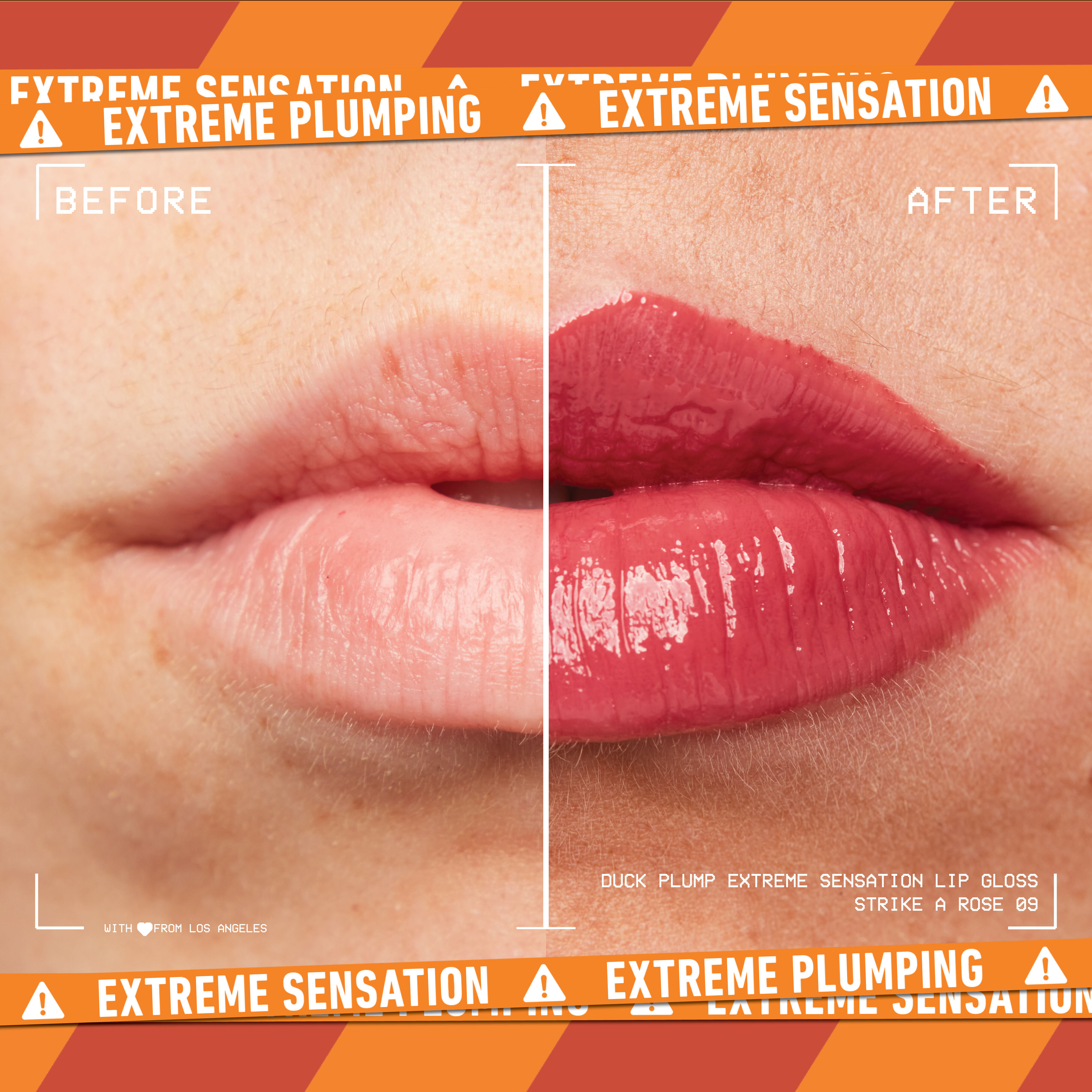 before and after image of lips with Duck Plump Lip Plumping Gloss