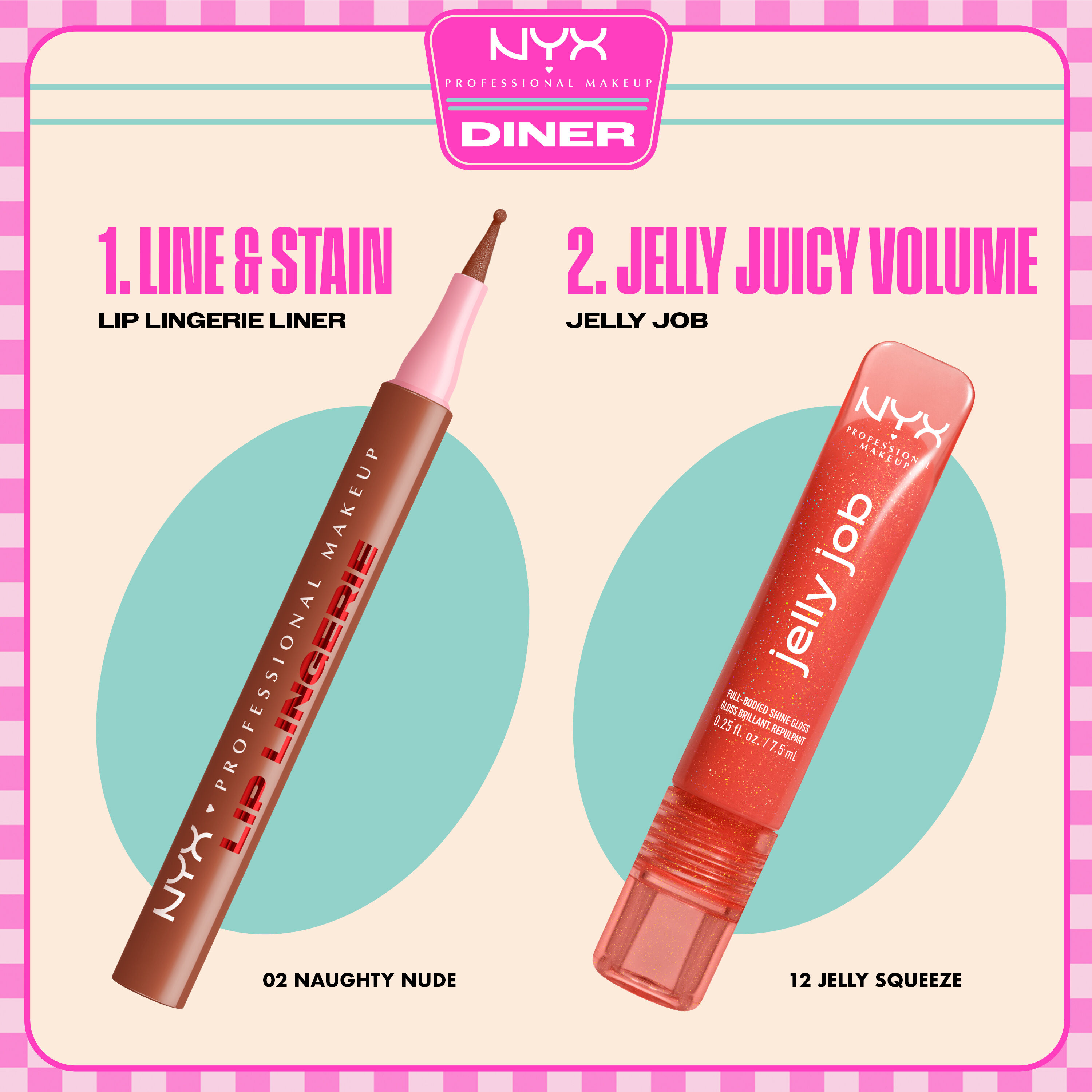 NYX Professional Makeup Lip Lingerie Lip Liner Stain in 02 Naughty Nude and Jelly Job Full Bodied Shine Gloss in 12 Jelly Squeeze shown as a two-step lip routine.
