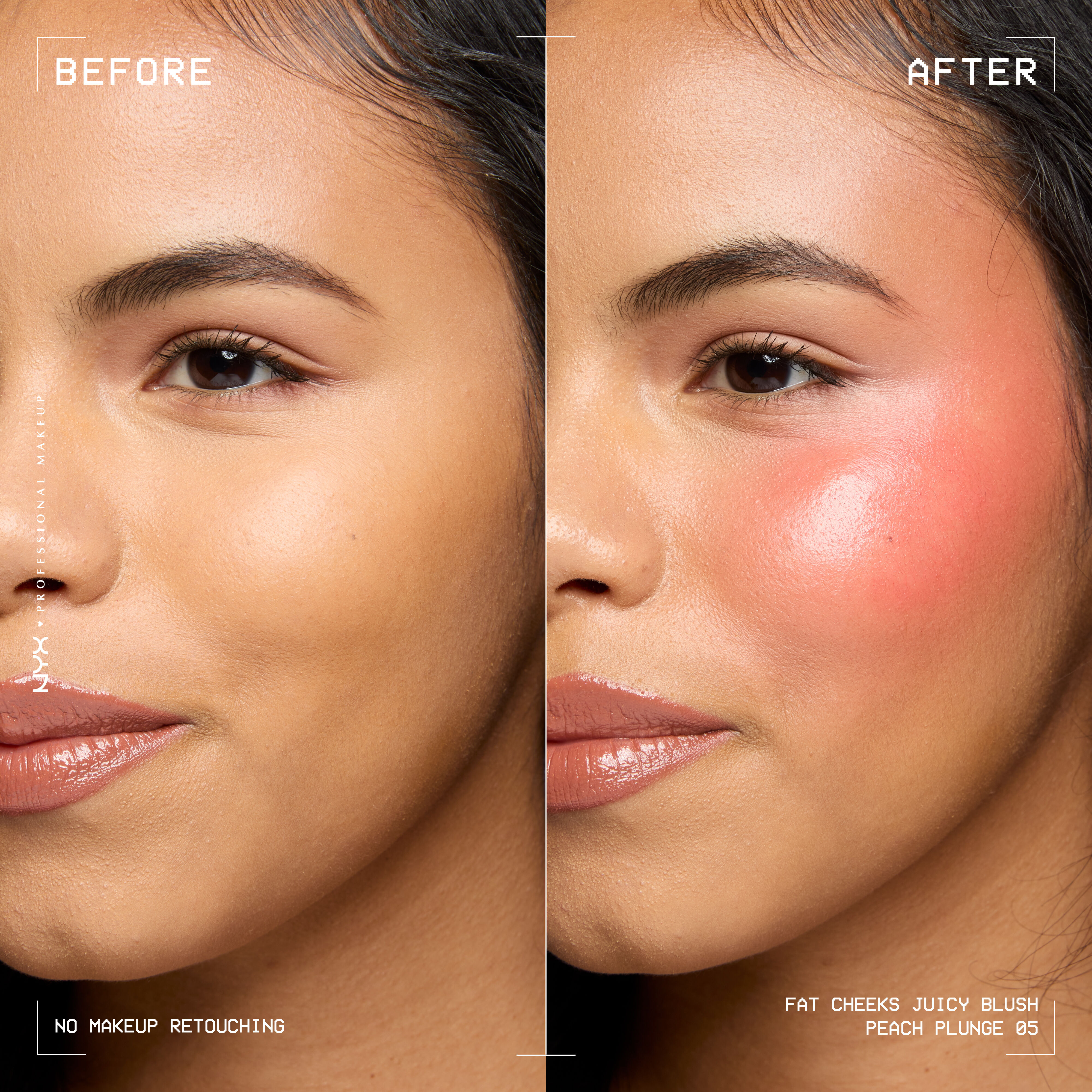 Model before and after applying Fat Cheeks liquid blush in shade Peach Plunge