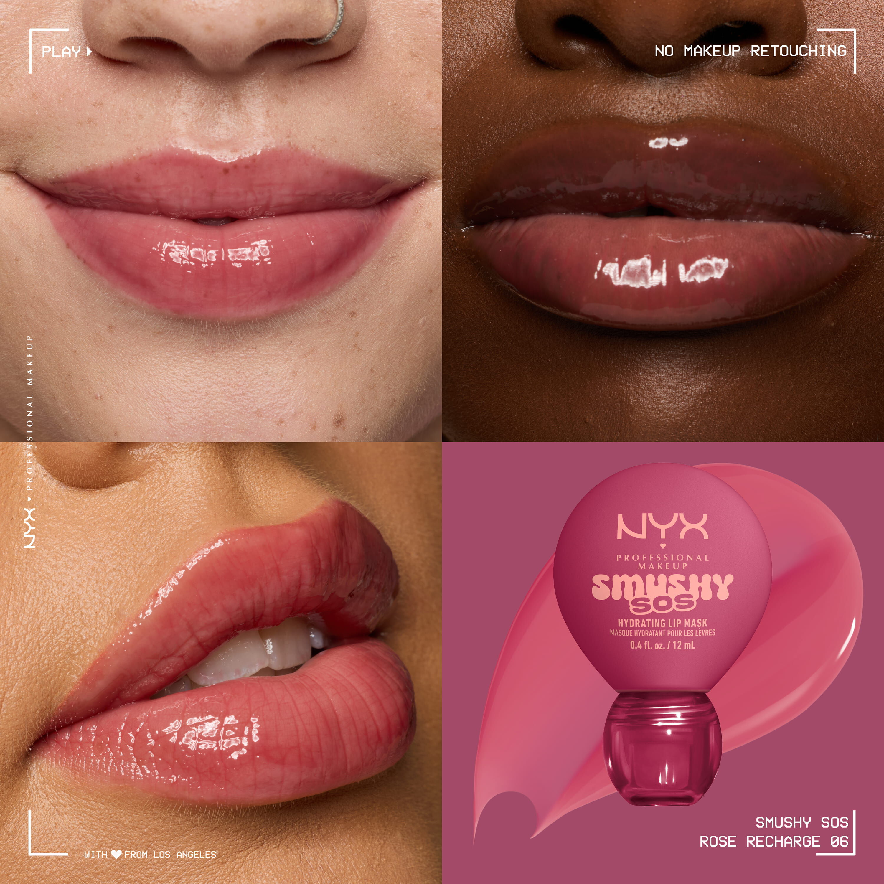 NYX Professional Makeup Smushy SOS tinted lip balm in Rose Recharge, a deep rose shade, on three skin tones