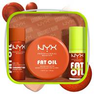 NYX Professional Makeup Caramelt Mami Fat Oil Lip & Body Kit includes a curated trio: a Caramelt Mami body oil, a shimmer body butter, and a Fat Oil Lip Drip.