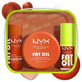 NYX Professional Makeup Caramelt Mami Fat Oil Lip & Body Kit includes a curated trio: a Caramelt Mami body oil, a shimmer body butter, and a Fat Oil Lip Drip.