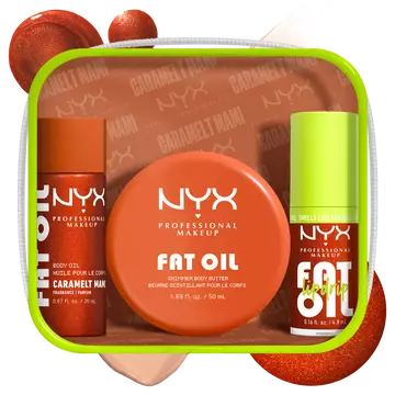 NYX Professional Makeup Caramelt Mami Fat Oil Lip & Body Kit includes a curated trio: a Caramelt Mami body oil, a shimmer body butter, and a Fat Oil Lip Drip.