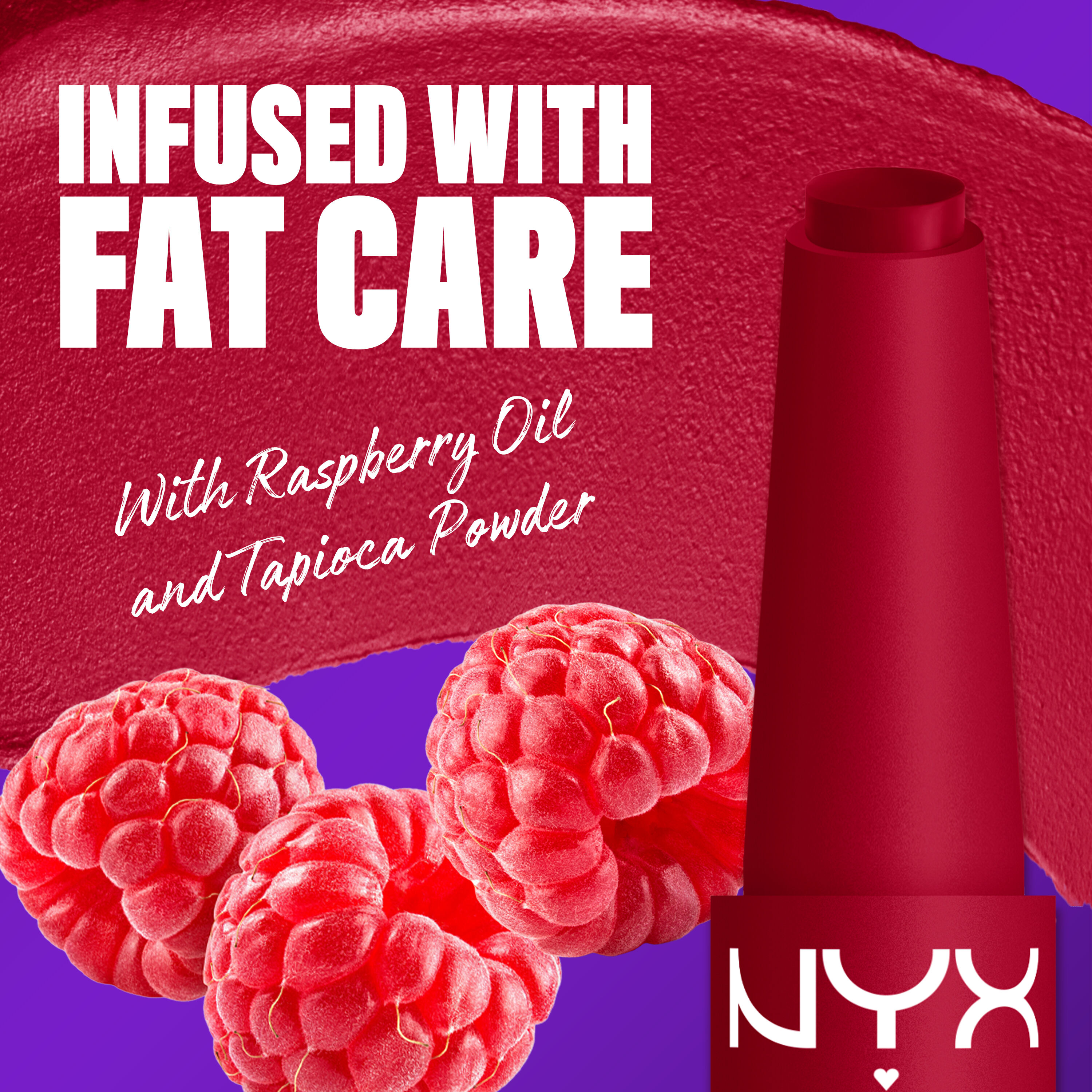 NYX Professional Makeup Fat Matte Smooth Color Lipstick infused with raspberry oil and tapioca powder for soft, smooth creamy matte lip color.